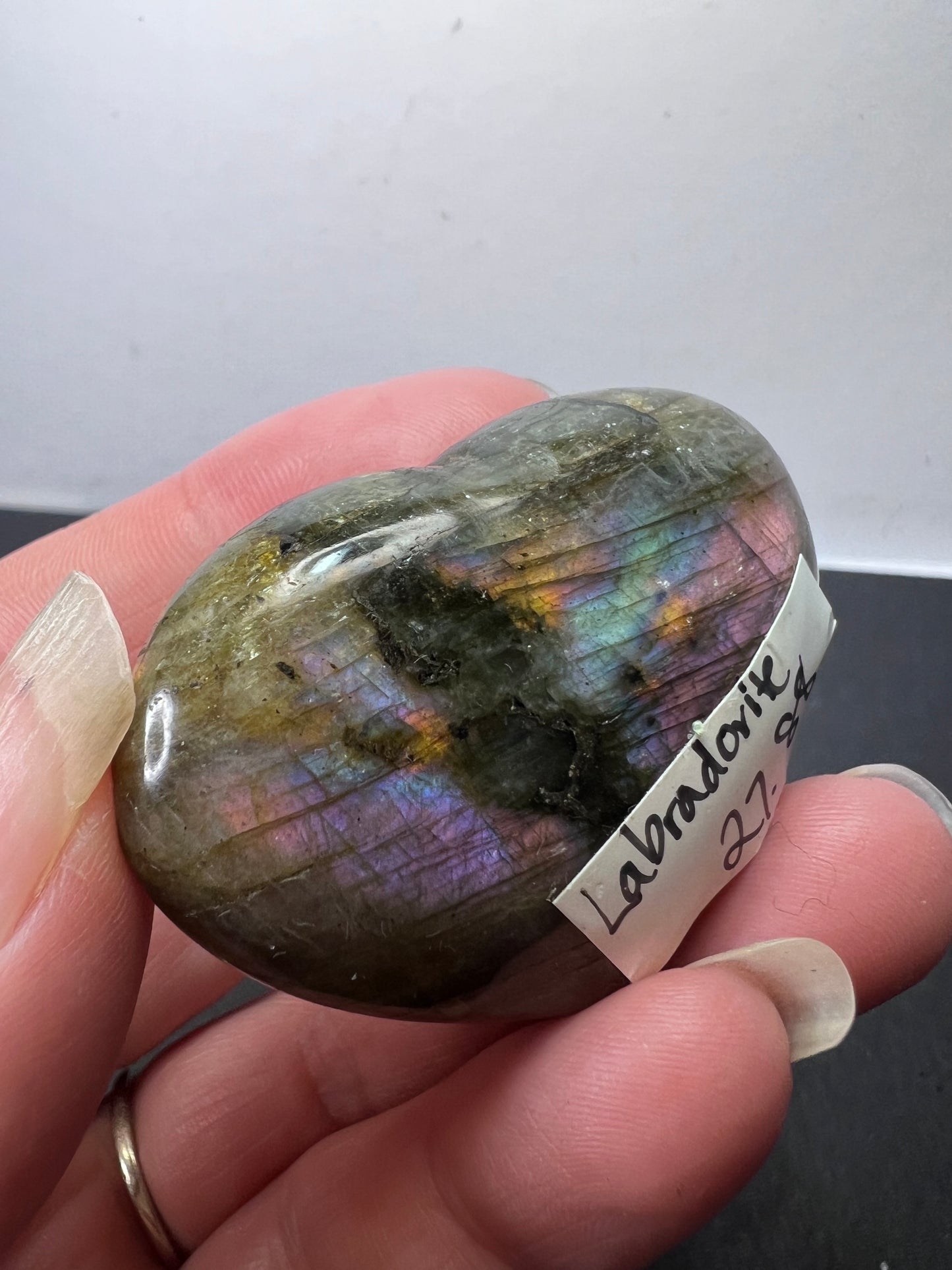 Labradorite heart with pink purple flash