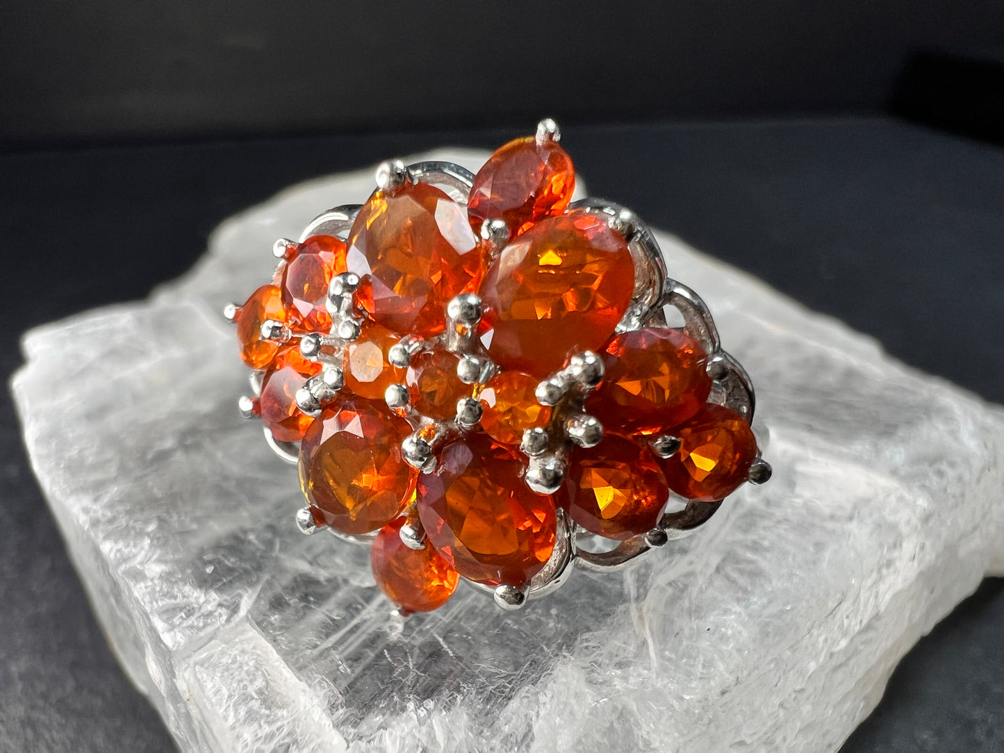 Vintage Sterling Silver Mexican Fire Opal Floral Cluster Ring Sz 9