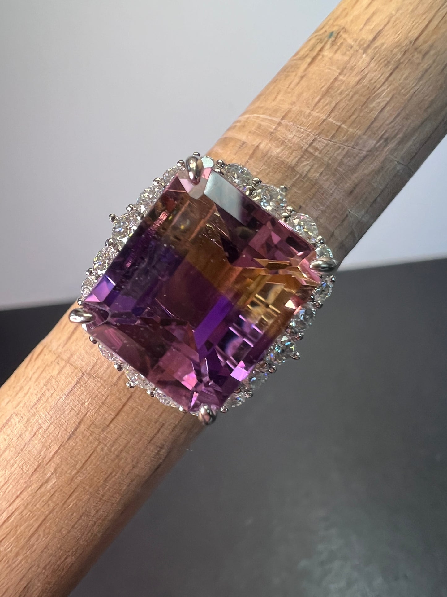 Ametrine and moissanite halo ring in rhodium over sterling silver size 8