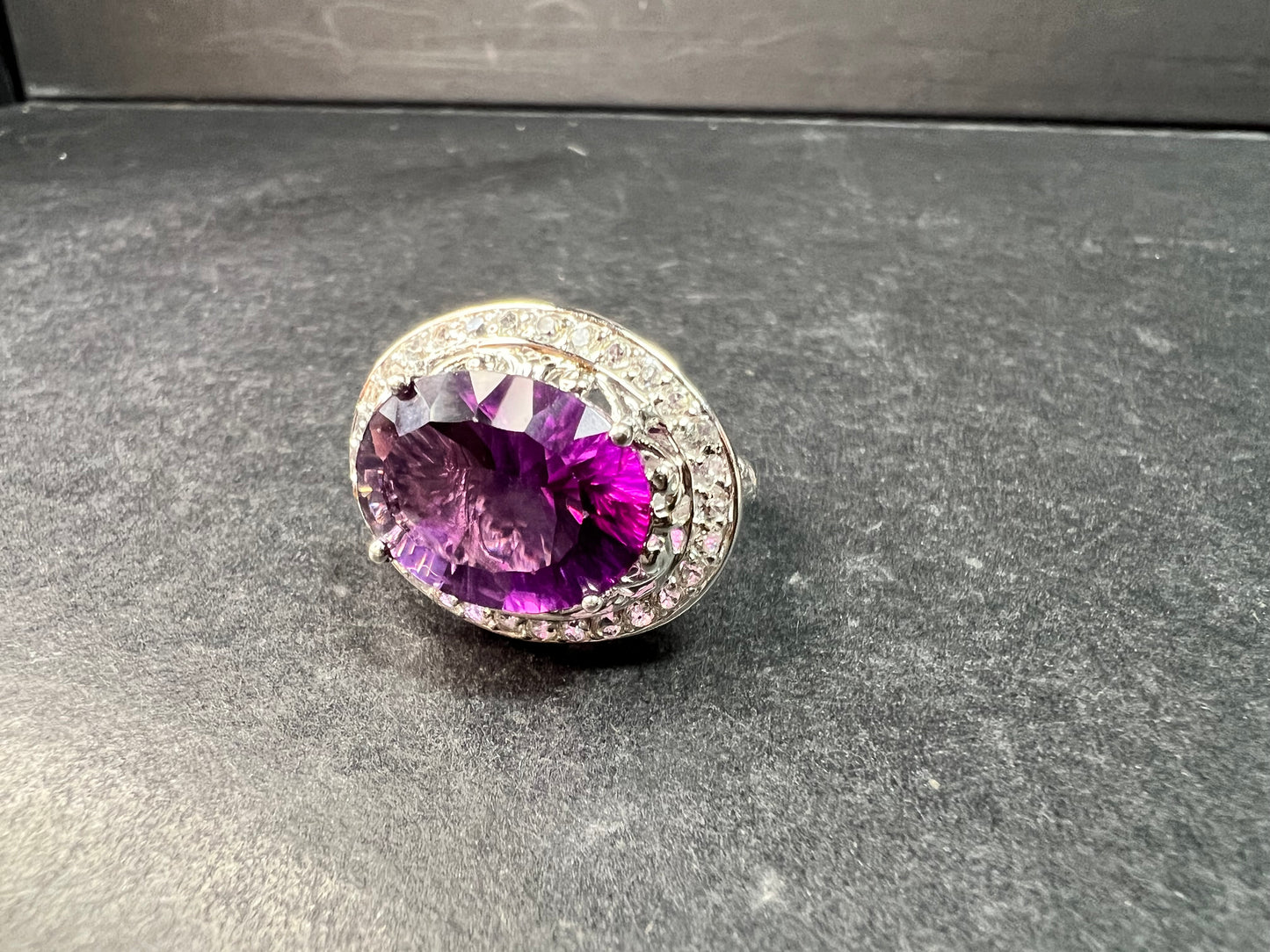 Sterling Silver Purple Fluorite & White Topaz Halo Ring Size 6