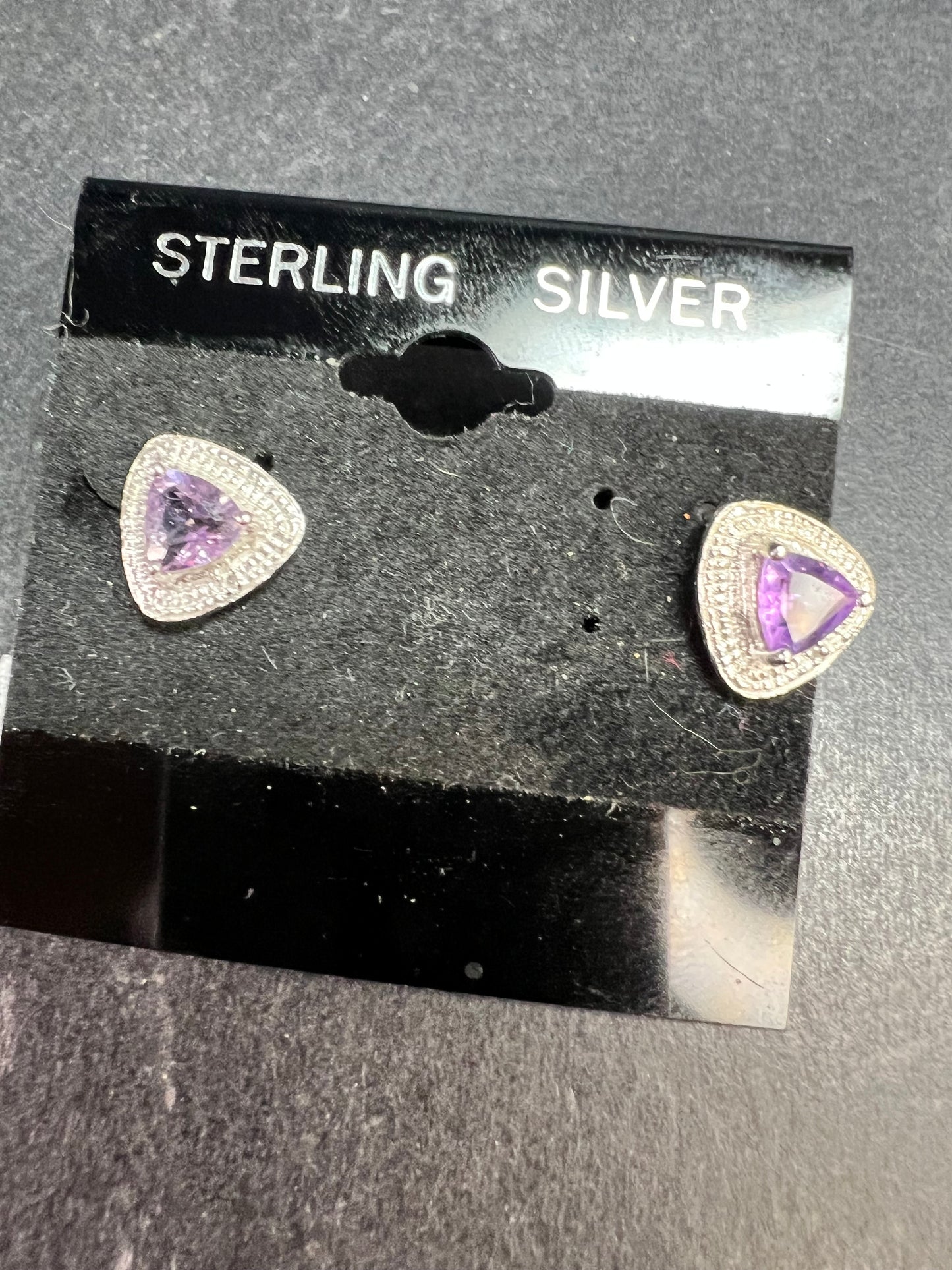 New Sterling Silver Trillion Amethyst Studs w Diamond Accents