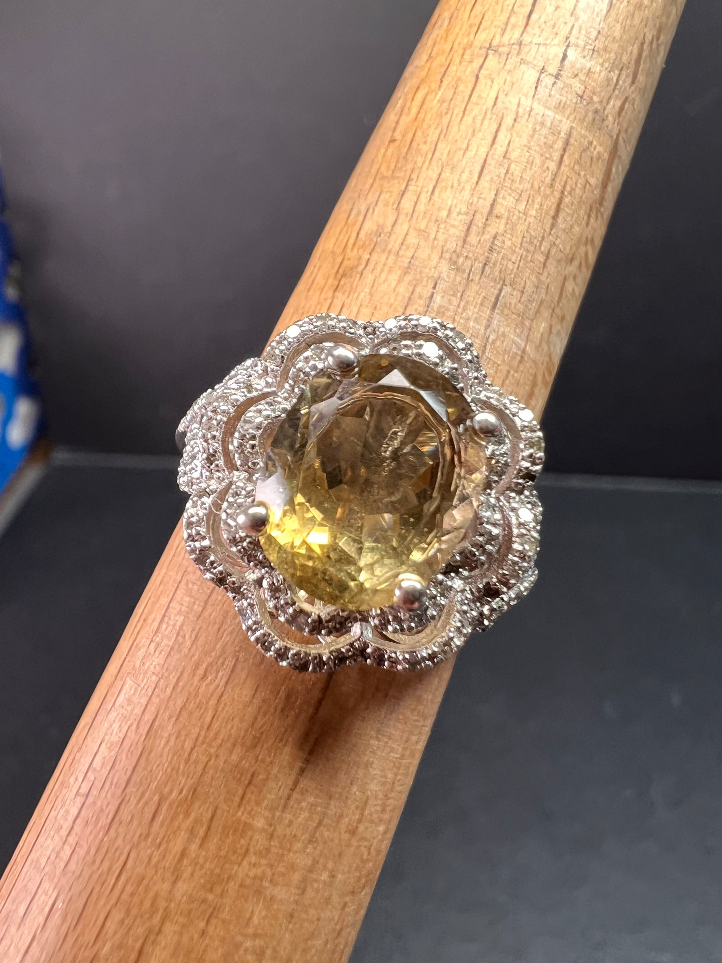 Citrine & Diamond Sterling Silver Scalloped Halo Ring Size 9