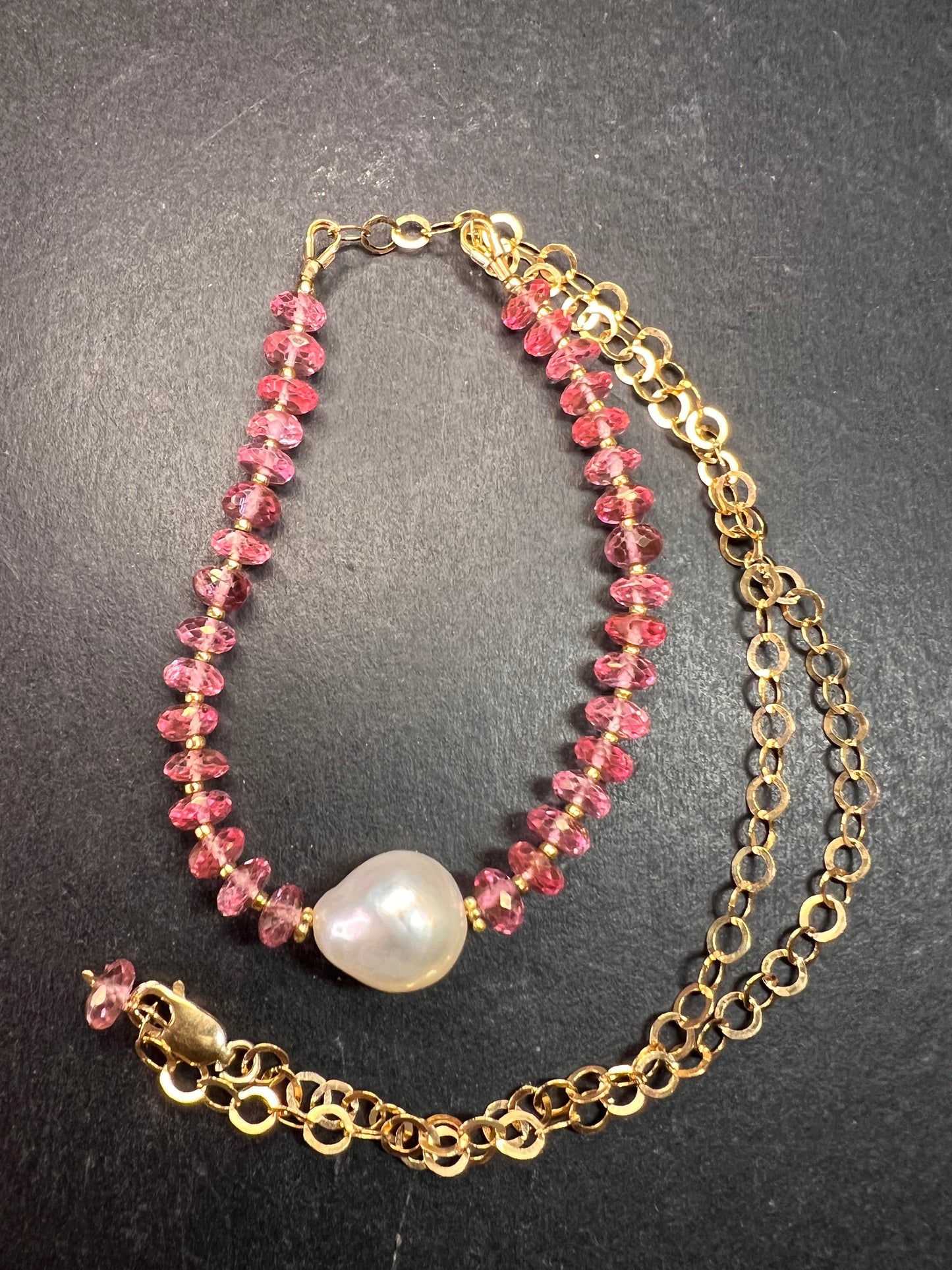 Gold Filled Necklace with Baroque Pearl and Pink Faceted Gemstone Beads