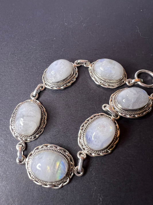 Rainbow moonstone and Bali style sterling silver toggle bracelet with extender