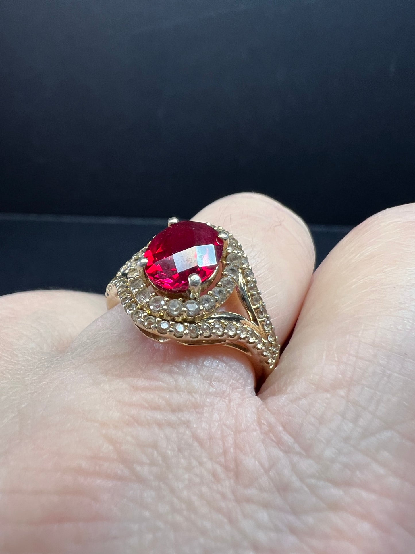 Lab Ruby and topaz halo ring in gold over sterling silver size 7