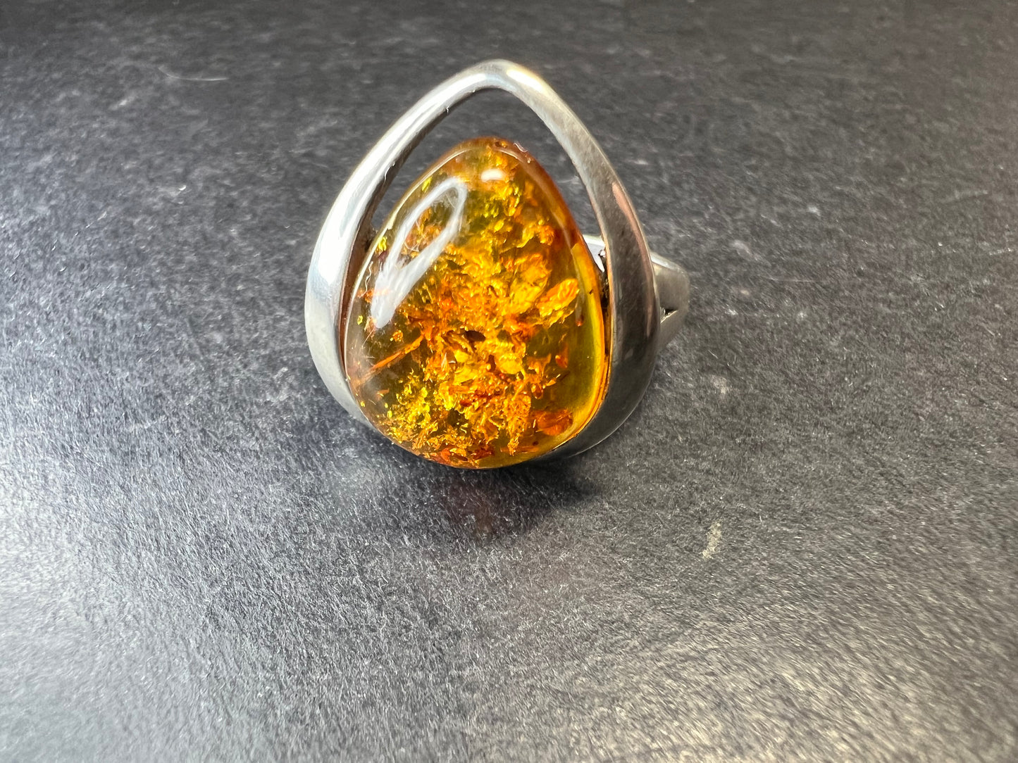 Sterling Silver Baltic Amber Ring Size 8 Teardrop Cabochon