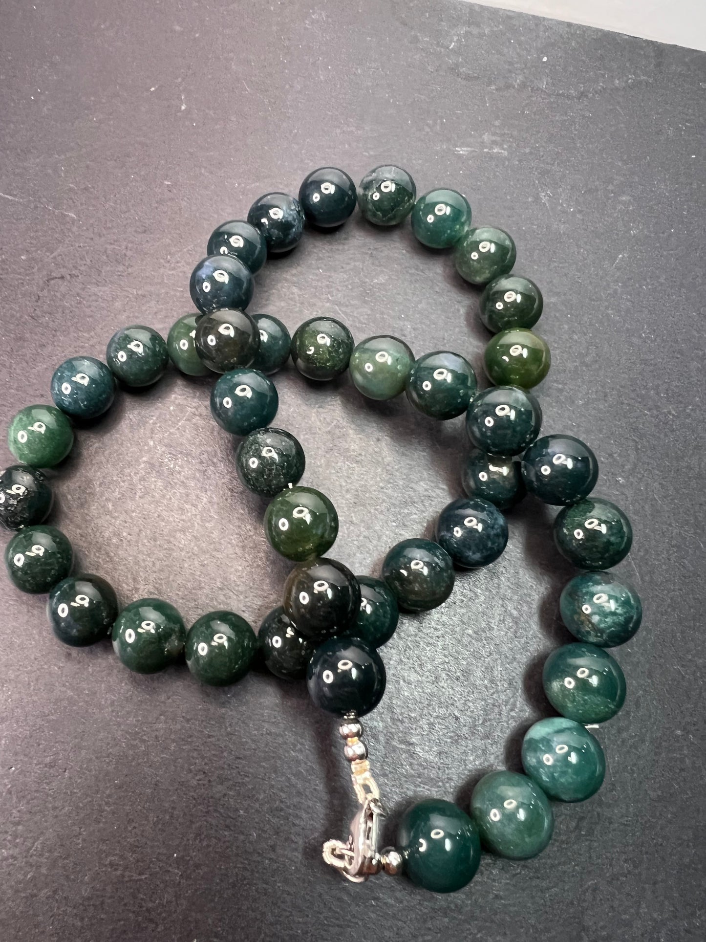 Moss agate 18 inch beaded necklace with sterling silver clasp