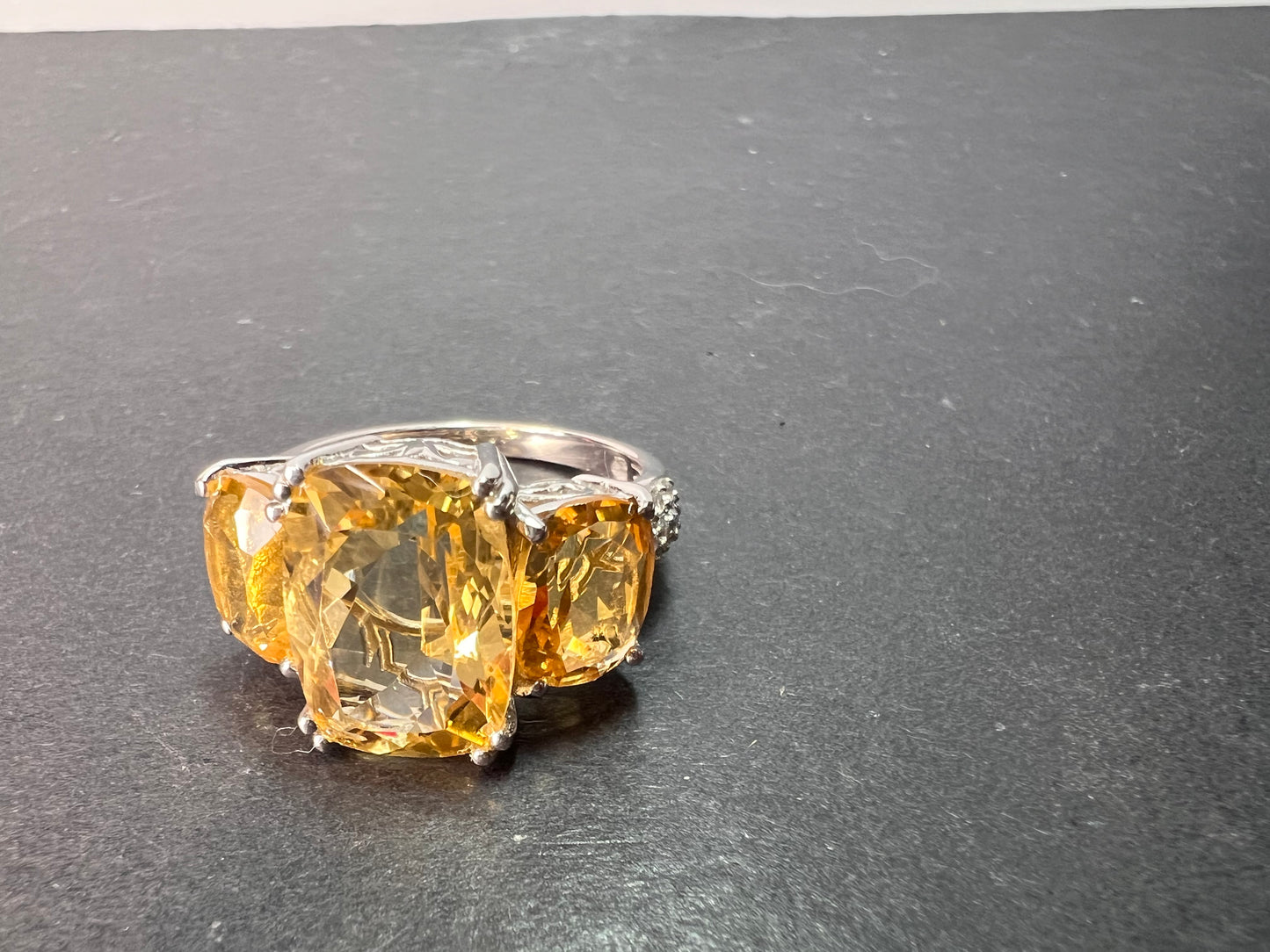 Brand new Brazilian citrine and white zircon 10.20 trilogy ring in platinum over sterling silver size 9