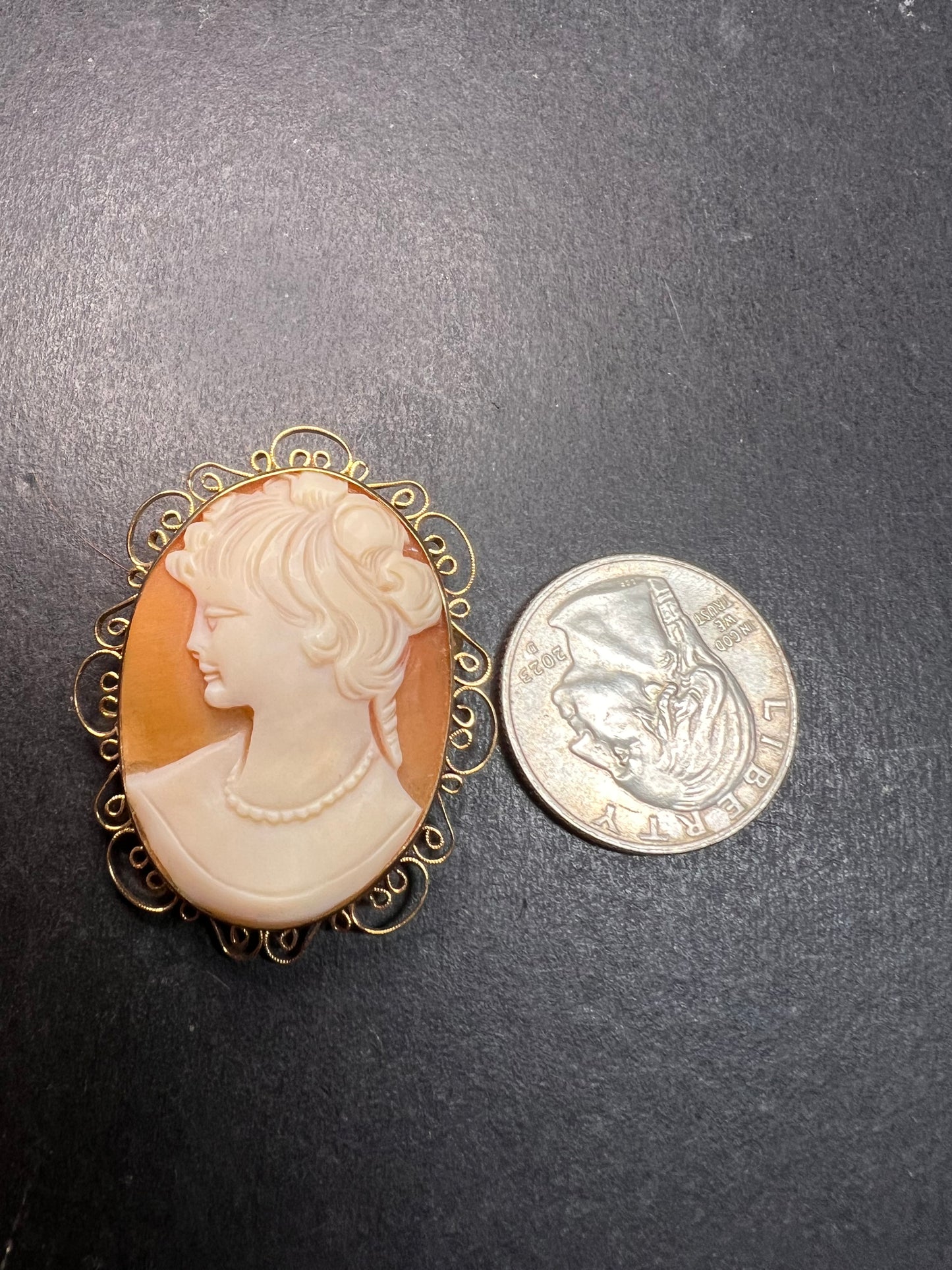 Vintage 1960s Hand Carved Shell Cameo Brooch Pendant – 12K Gold Filled Filigree Frame – 2” x 1.5”