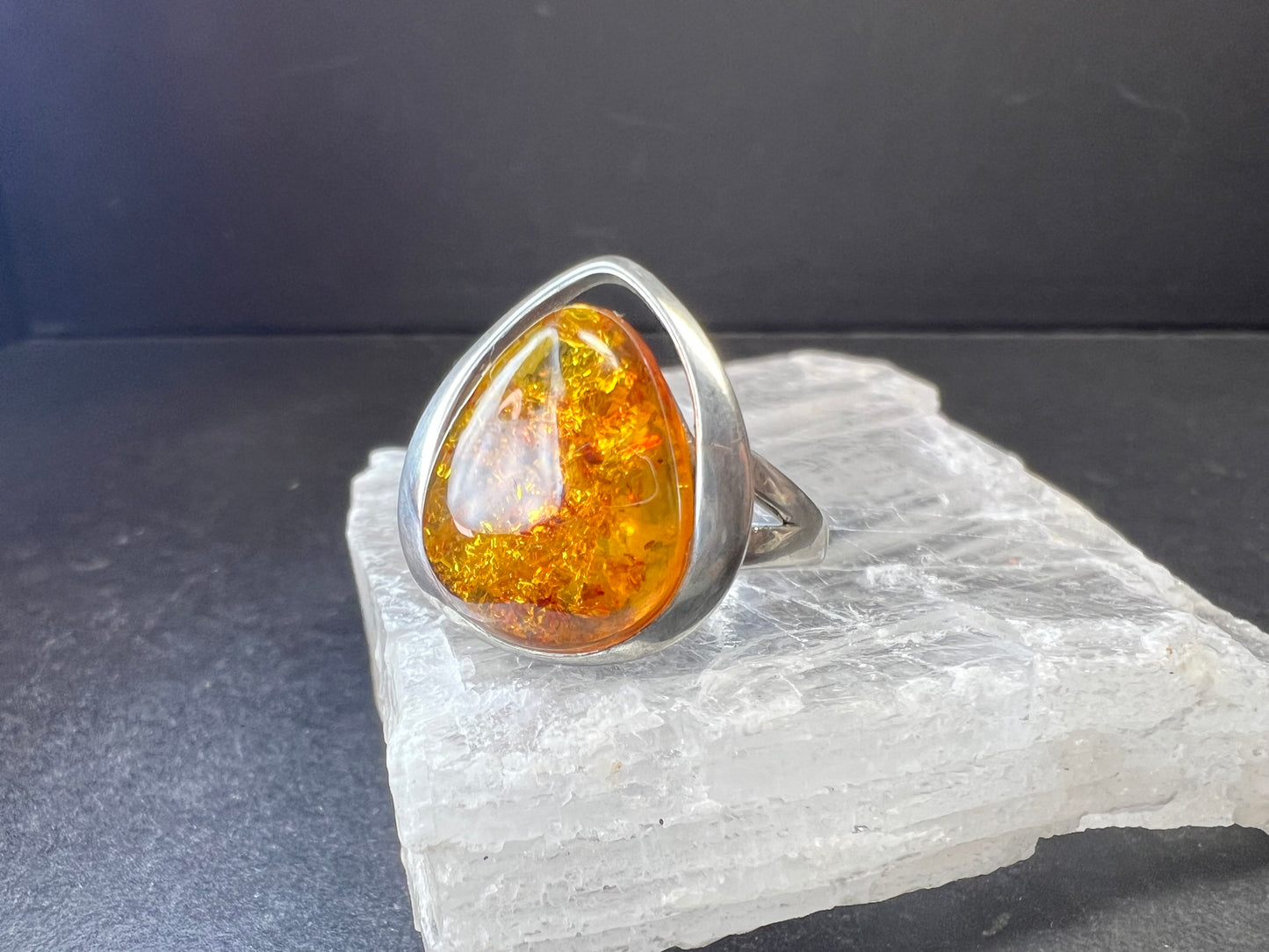 Sterling Silver Baltic Amber Ring Size 8 Teardrop Cabochon