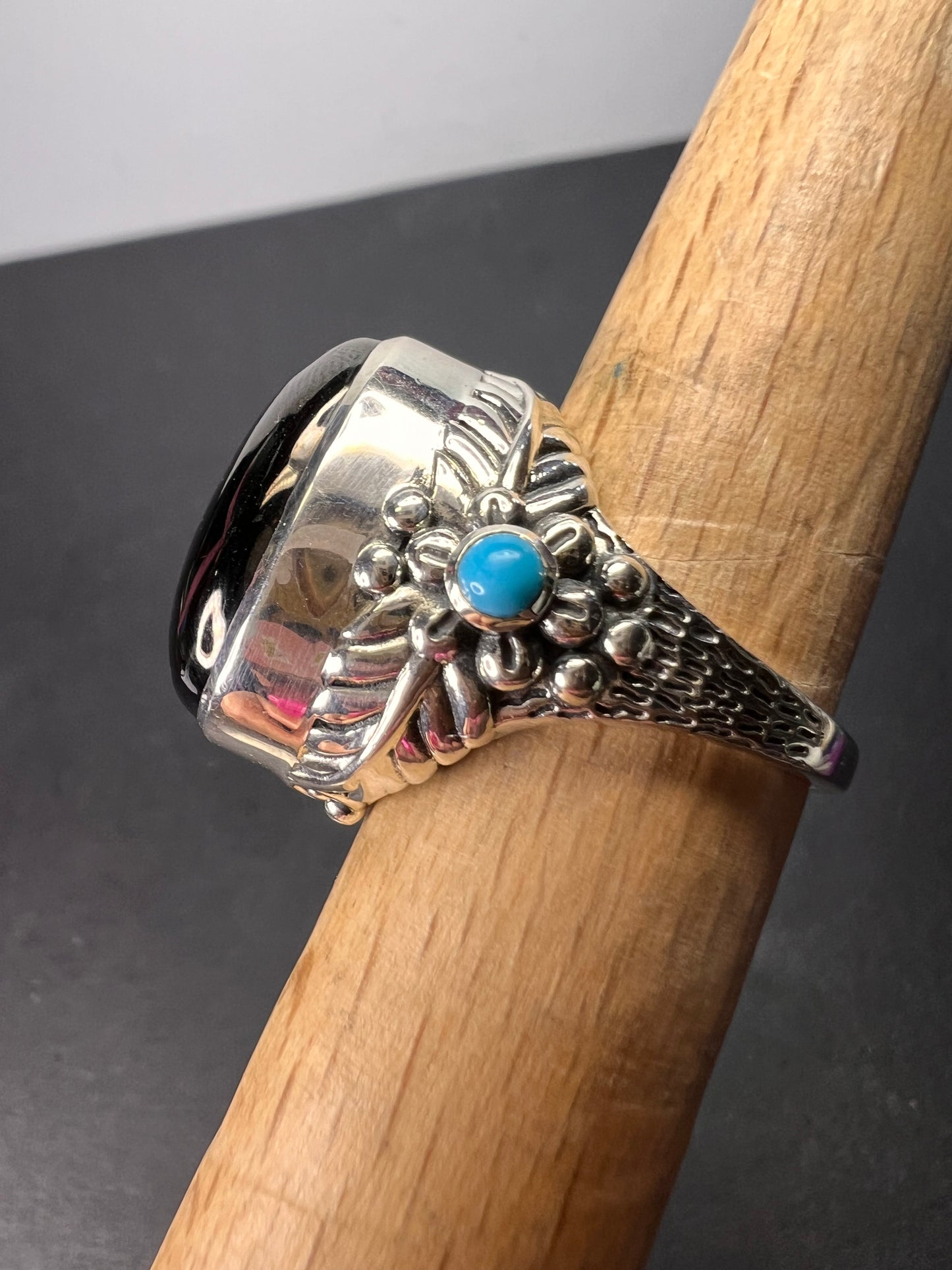 Elite shungite and sleeping beauty turquoise southwest style feather ring in sterling silver size 7 *NEW*