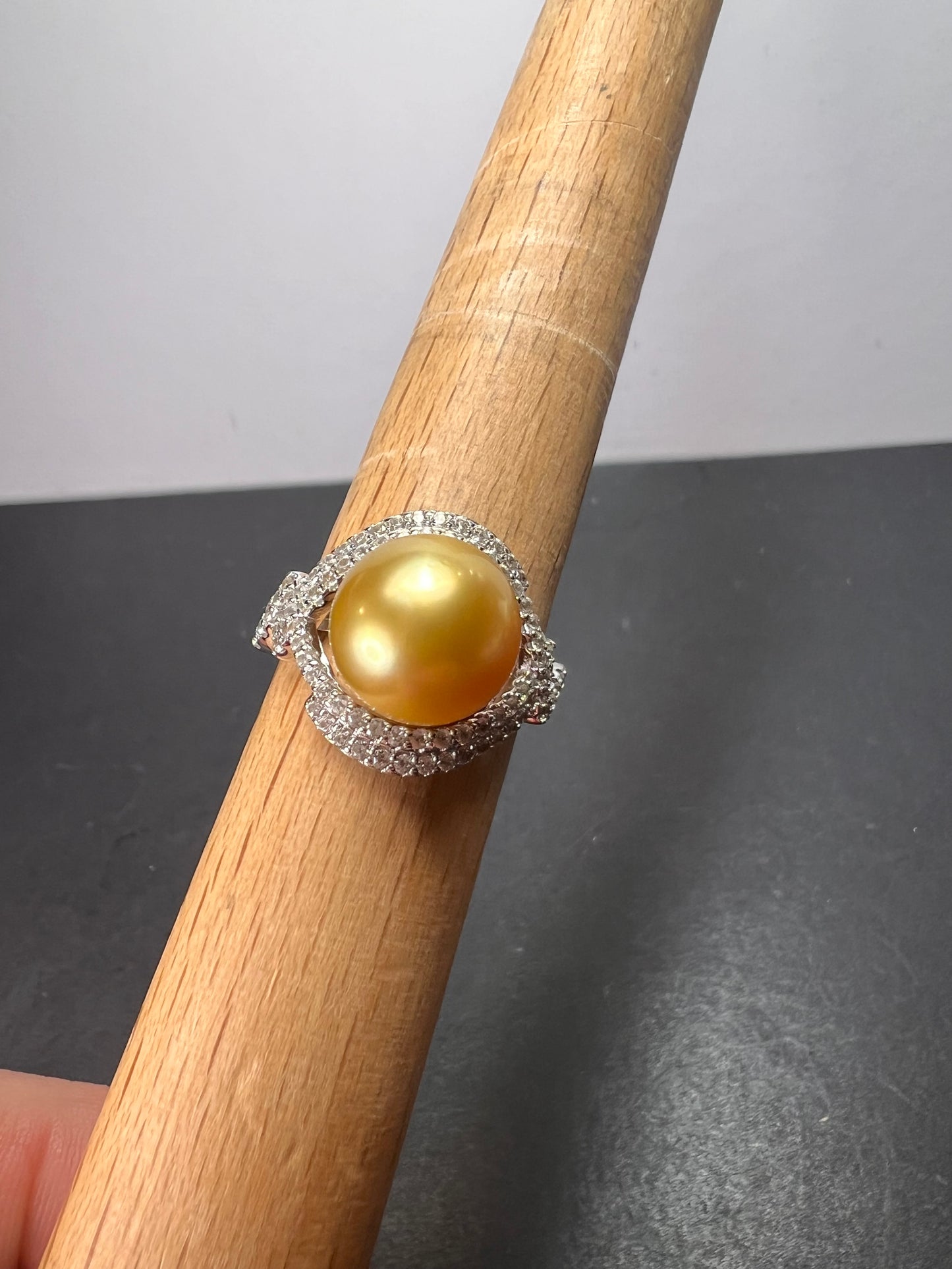 AAA1 Natural Color Deep Gold 11mm Golden South Sea Cultured Pearl and Zircon ring in rhodium over Sterling silver size 9