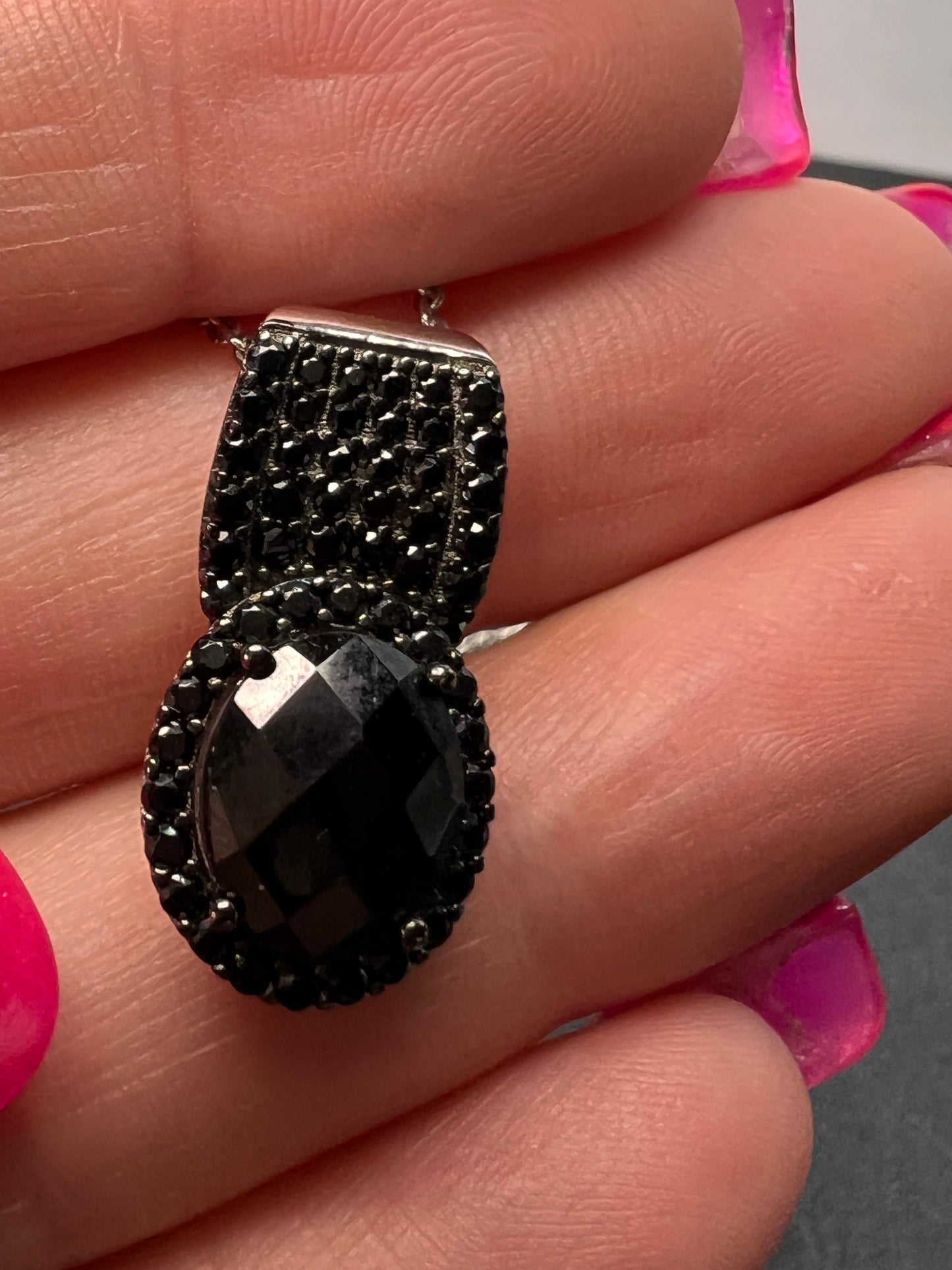 Black spinel pendant and chain necklace in rhodium over sterling silver