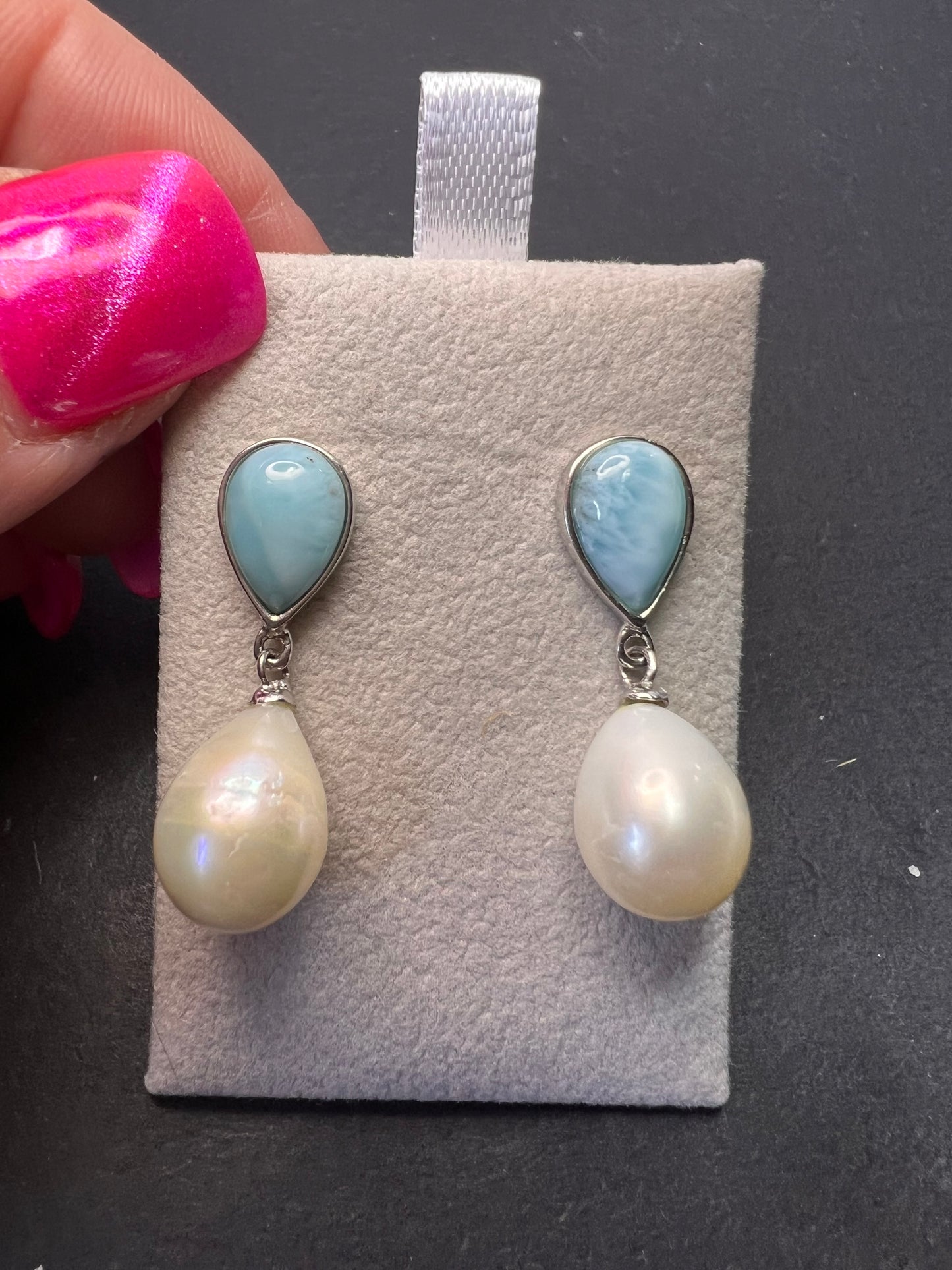 Larimar and pearl sterling silver teardrop earrings