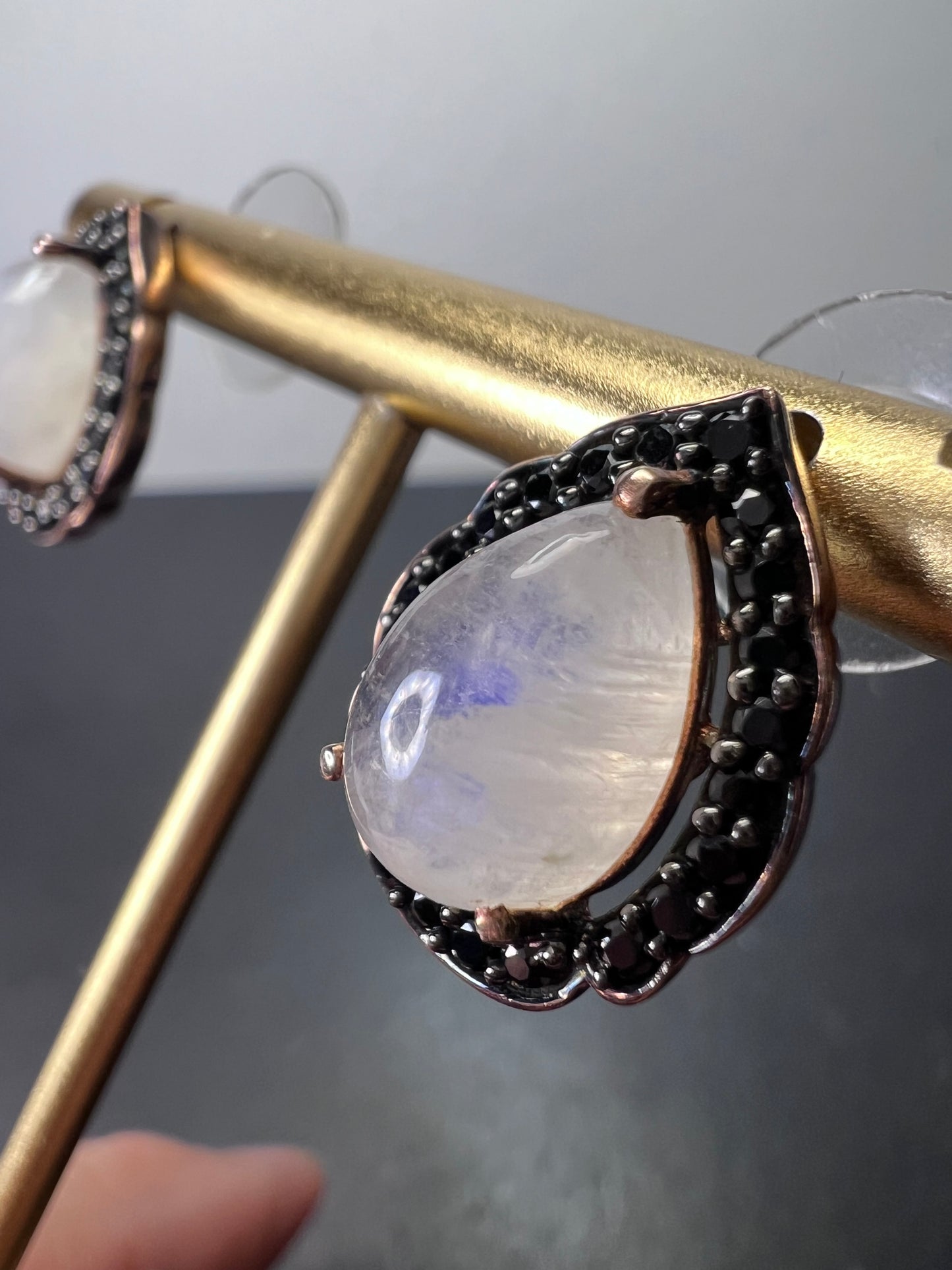 Rainbow moonstone and black spinel tear drop stud halo earrings in rose gold over sterling silver