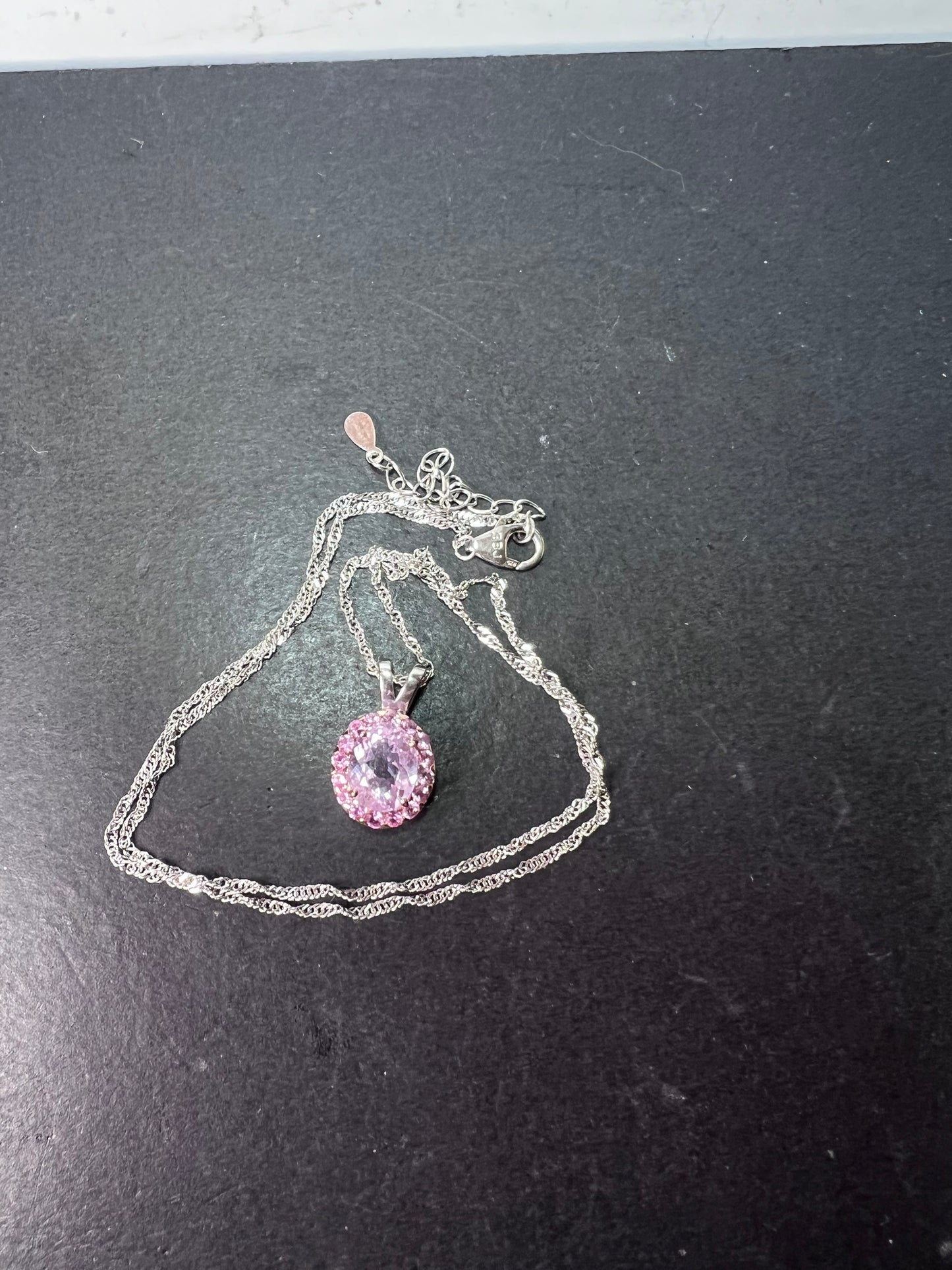 Kunzite and pink sapphire halo pendant necklace in sterling silver