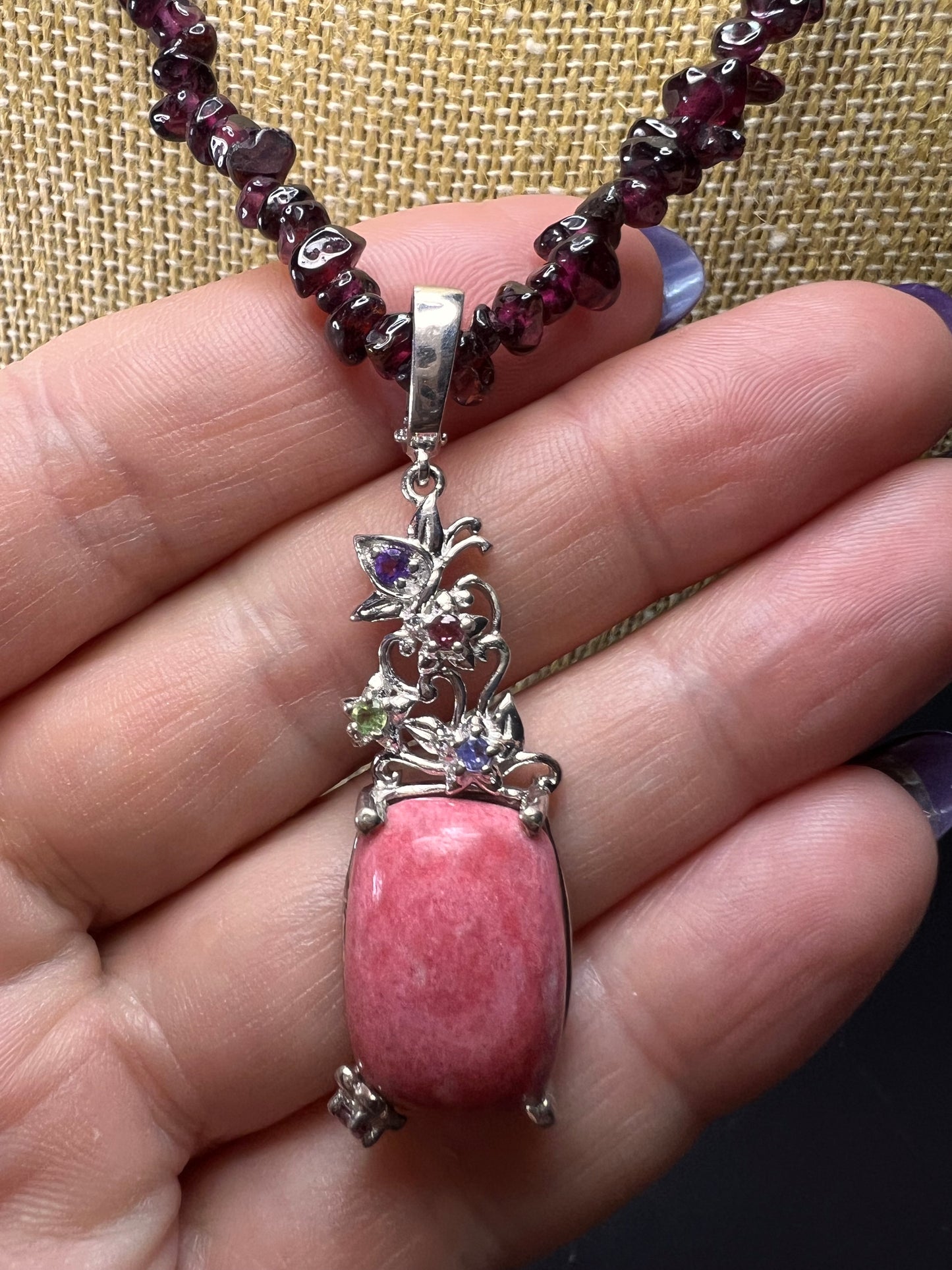 Norwegian Thulite and garnet chip necklace with sterling silver pendant and clasp