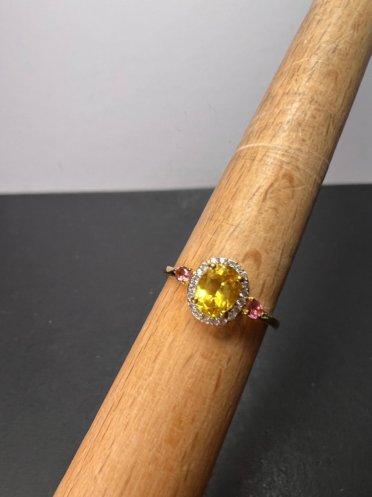 Heliodor and rubellite halo ring in vermeil yellow gold over sterling silver size 9 *NEW*