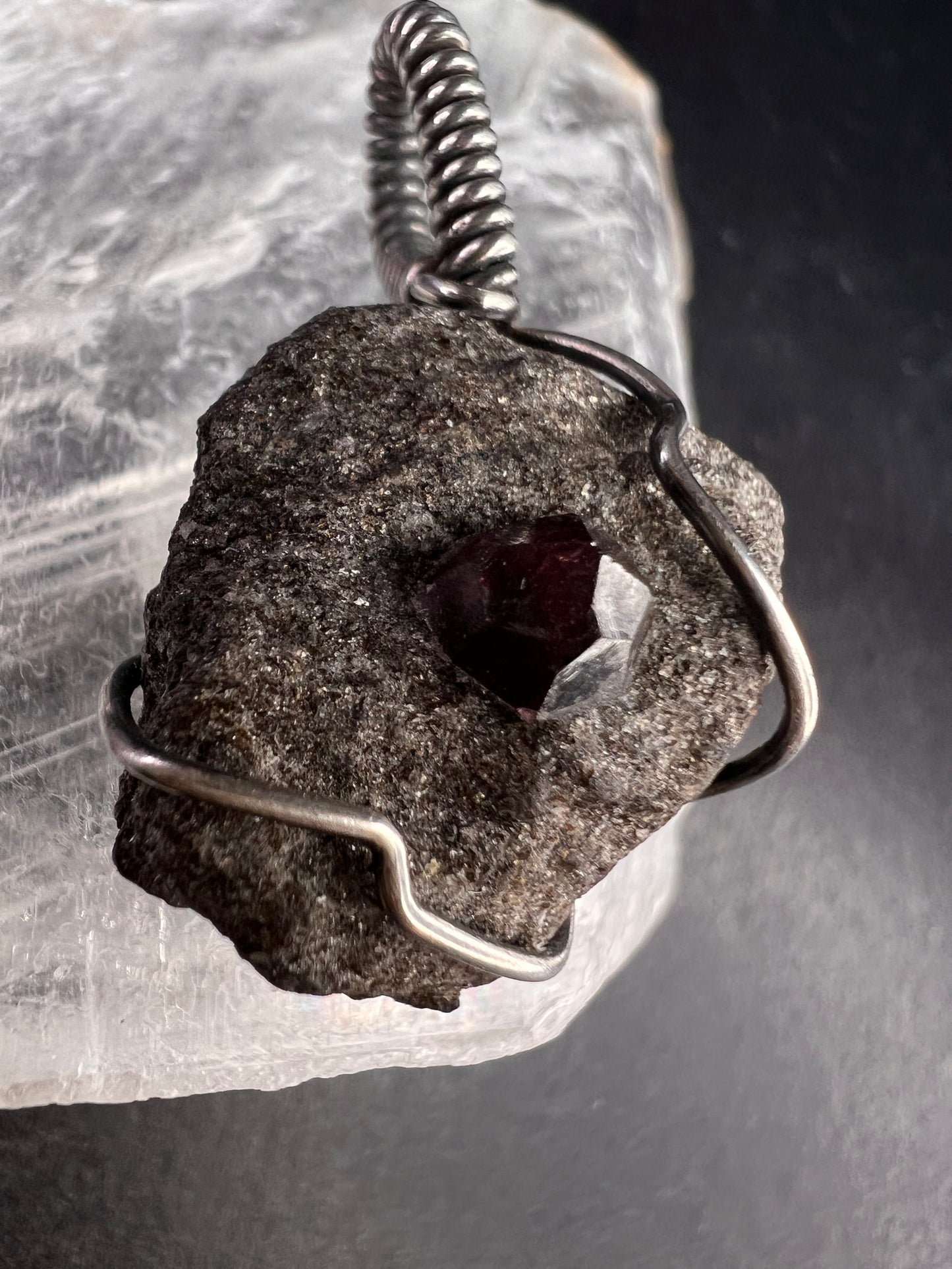 Vintage Sterling Silver Wrapped Rough Garnet in Schist Matrix Pendant