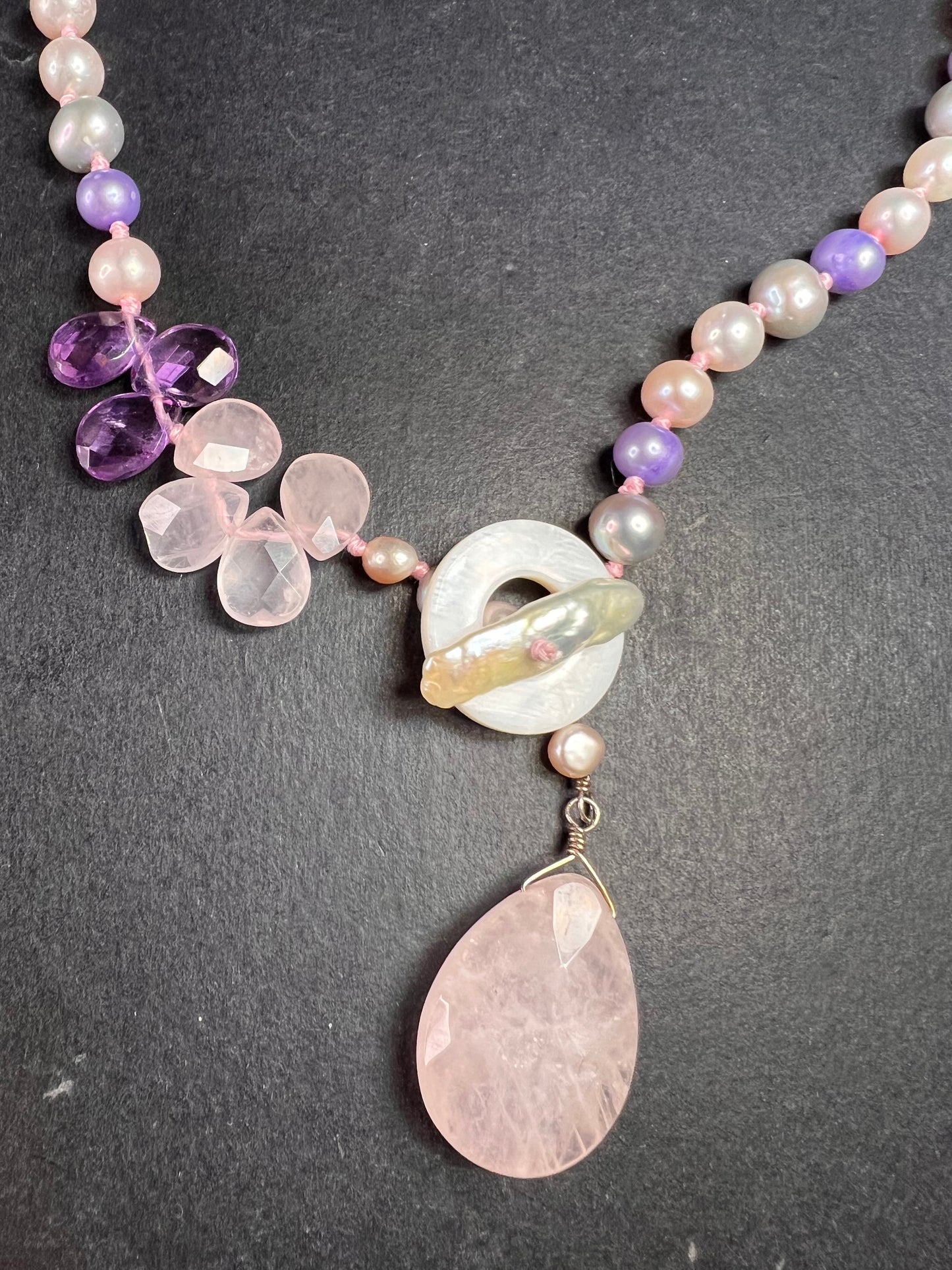 NEW multi color freshwater pearl, rose quartz and amethyst necklace