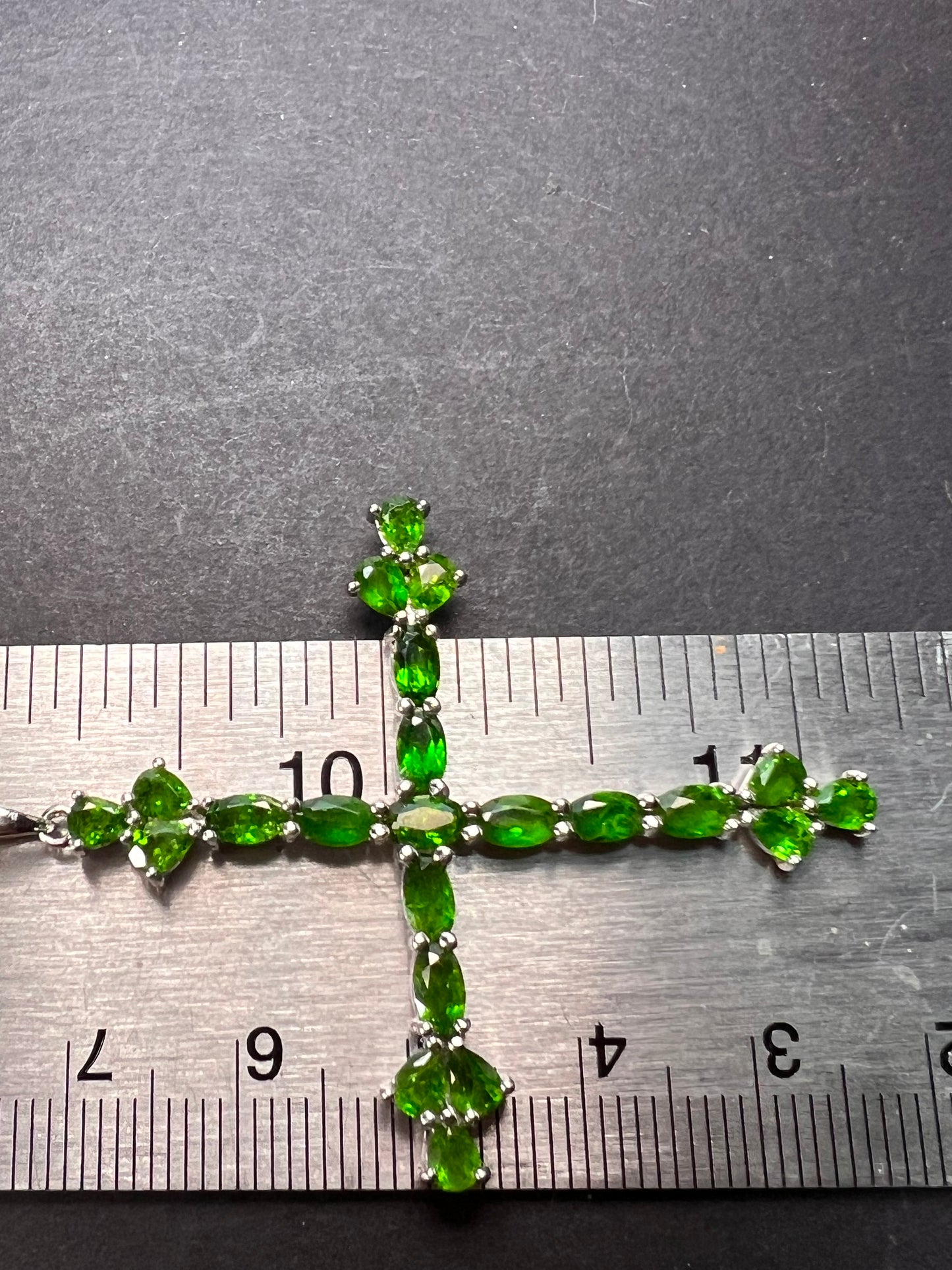 Chrome diopside cross pendant and chain in sterling silver