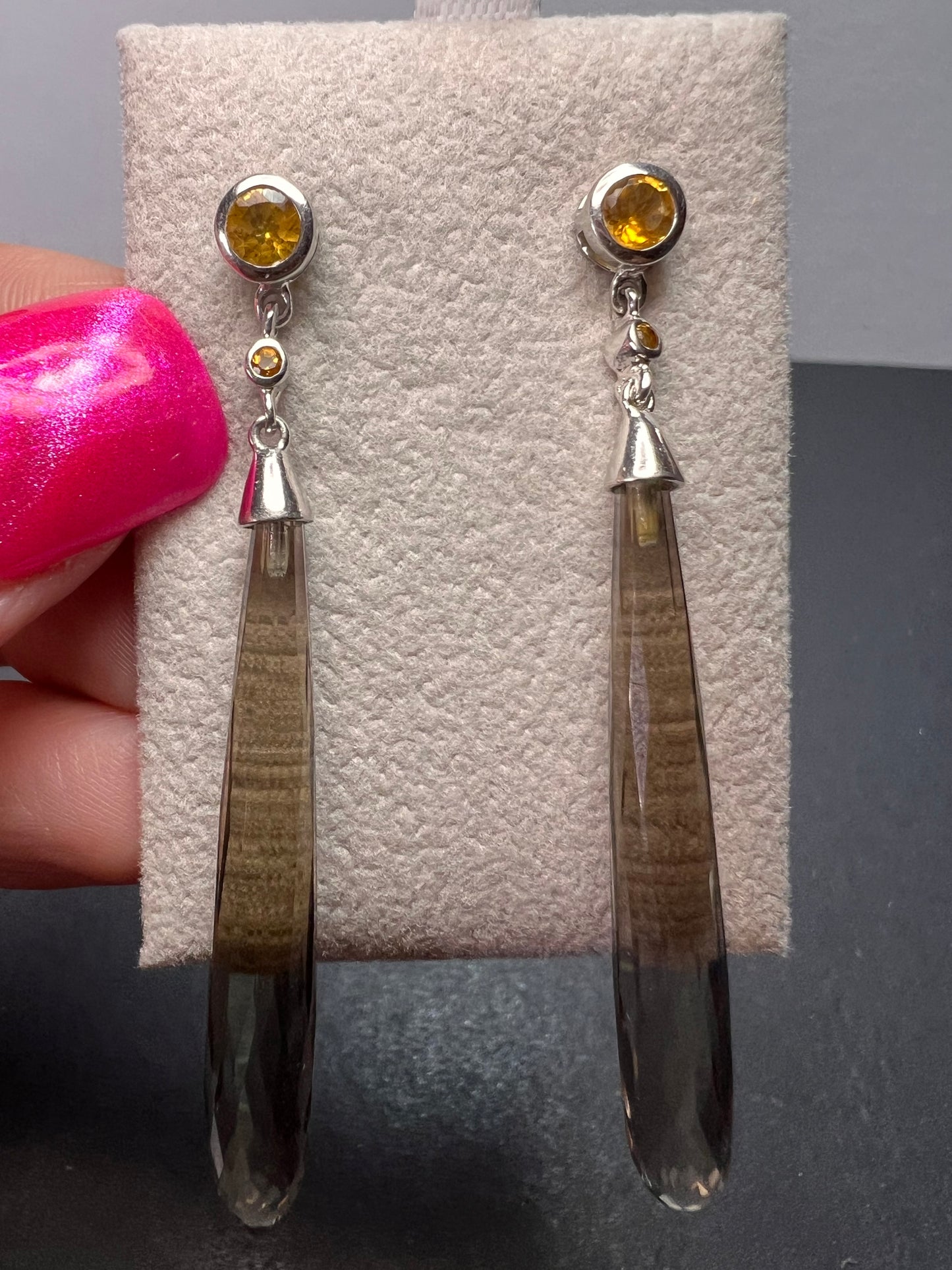 Smoky quartz and citrine sterling silver long dangle earrings