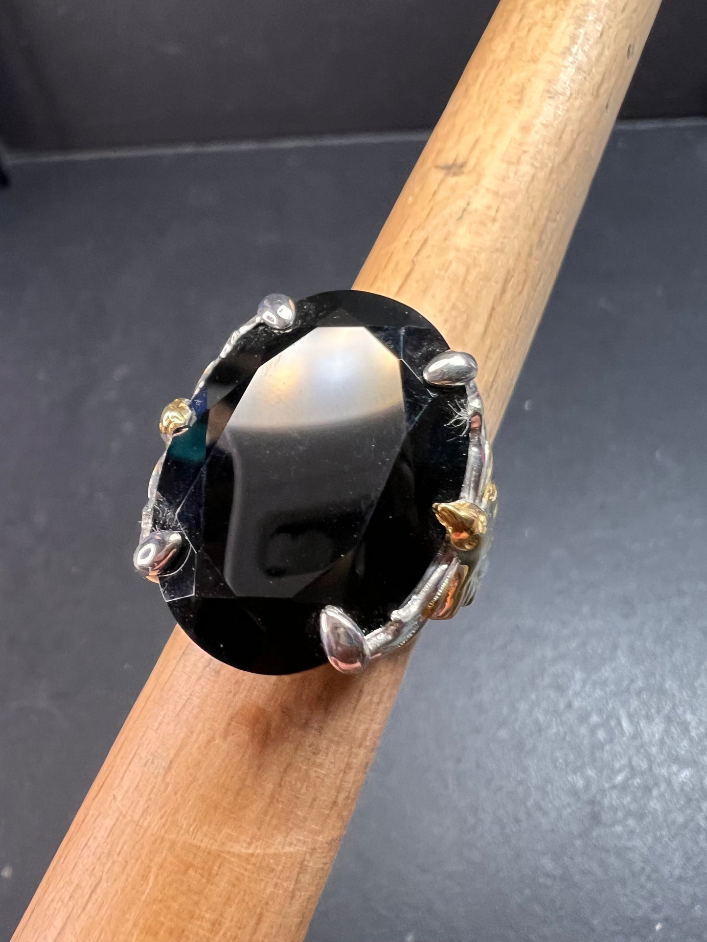 NEW Black spinel Phoenix ring in rhodium and gold vermeil over sterling silver size 7