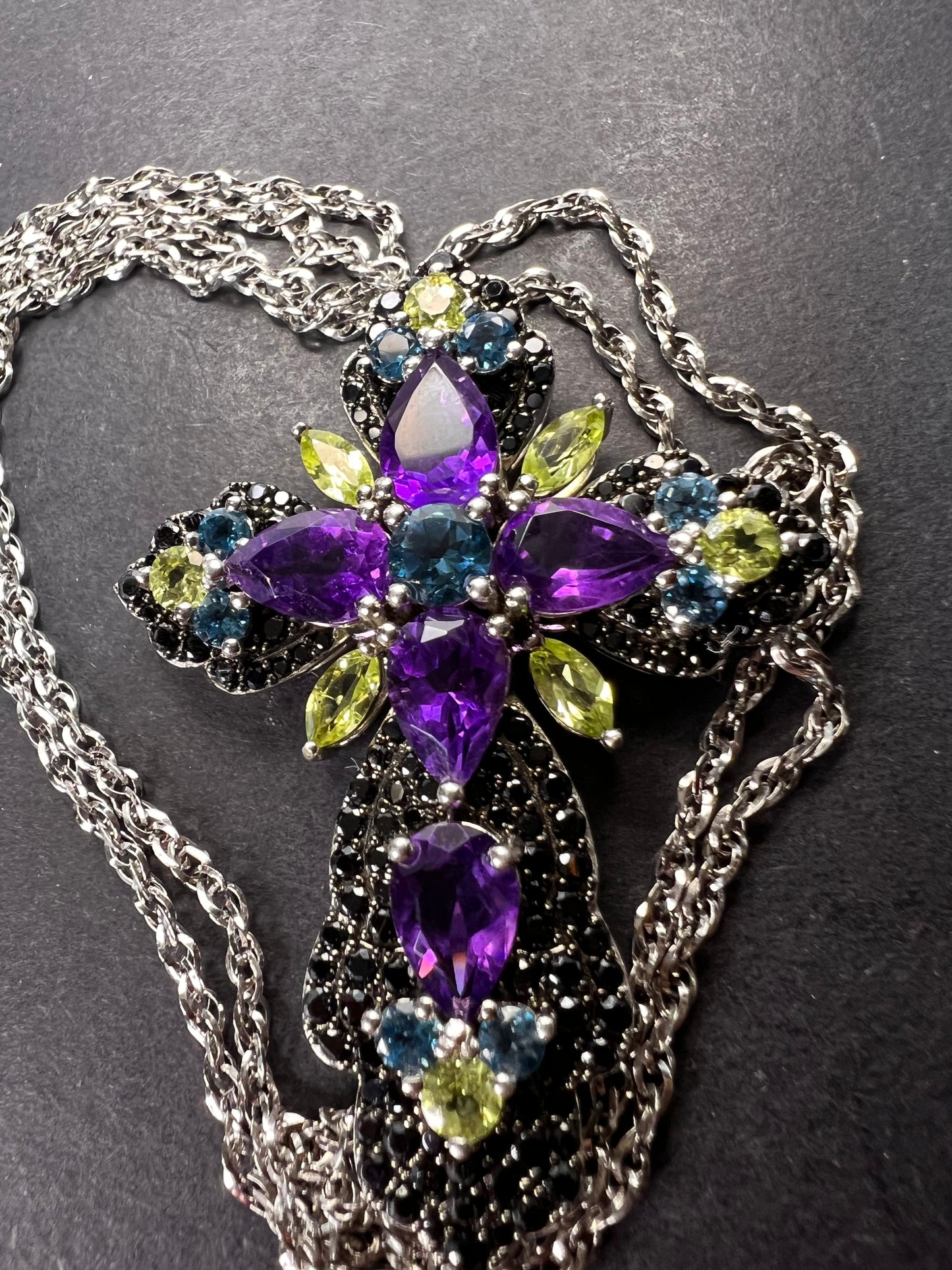 Multi-Gem Rhodium Over Sterling Silver Cross Pendant With Chain 10.95ctw