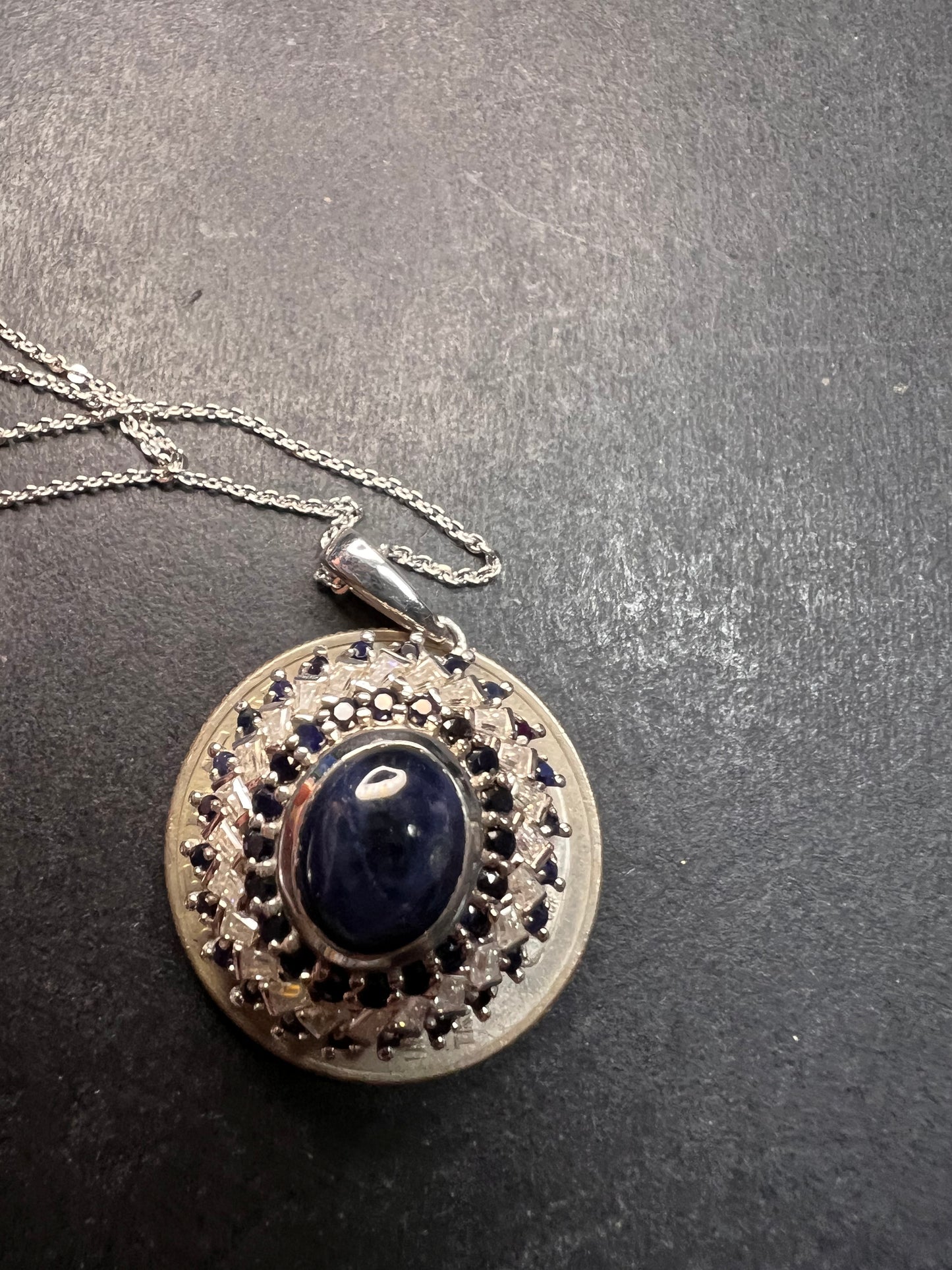 NEW Blue star sapphire and moissanite sterling silver halo pendant necklace