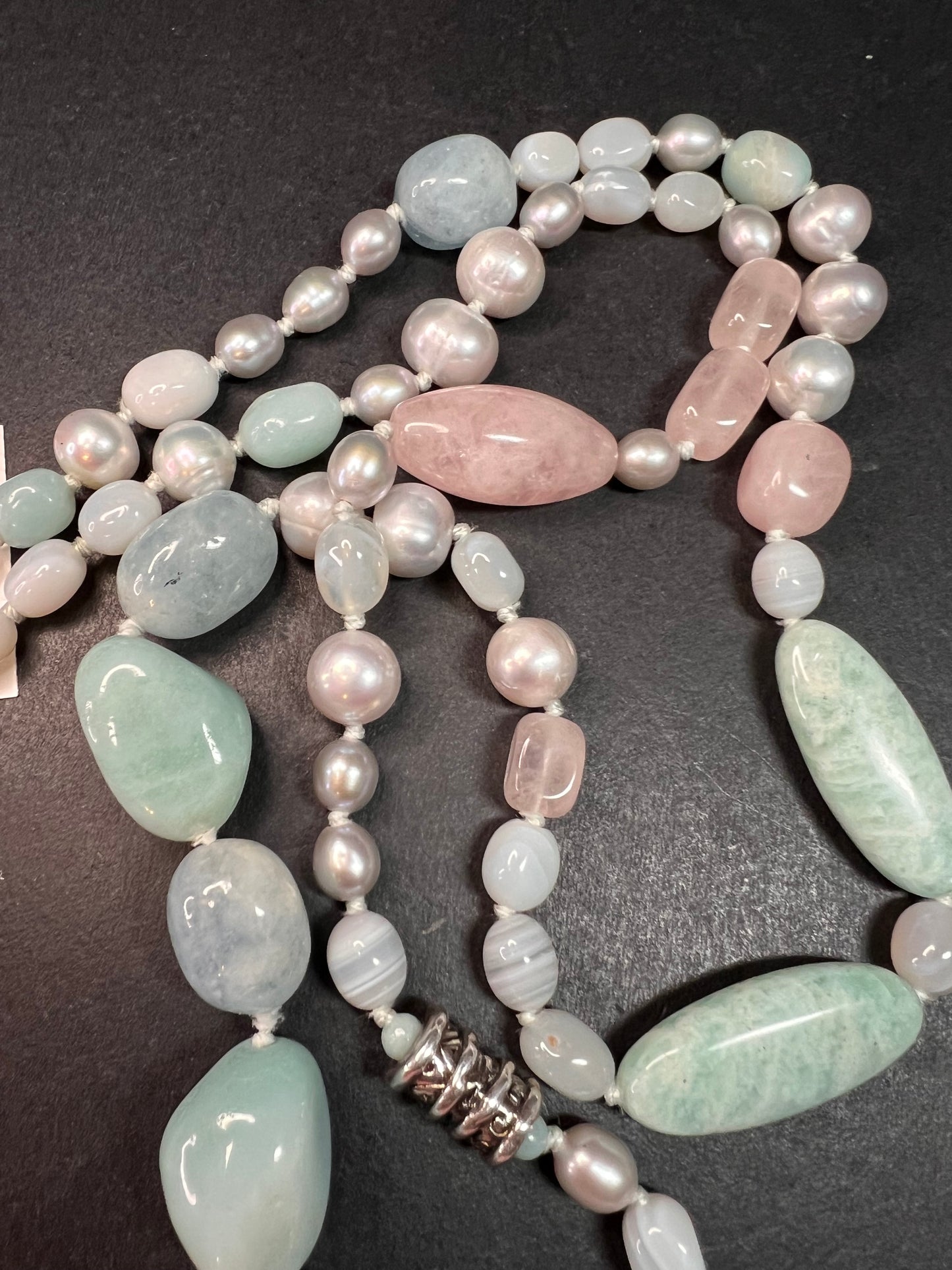 NEW amazonite , pearl multi stone sterling silver 30 inch necklace