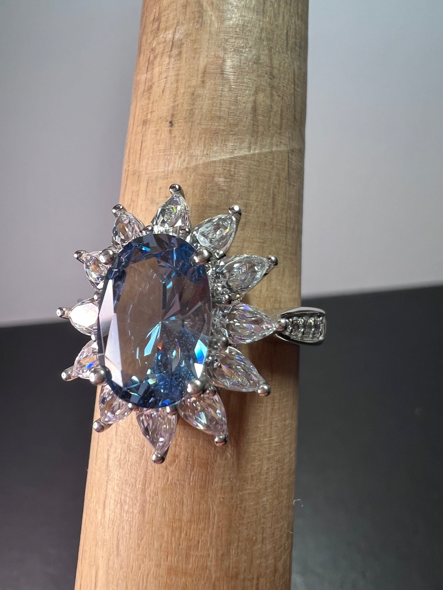 Blue lab spinel and white CZ rhodium over sterling ring size 10