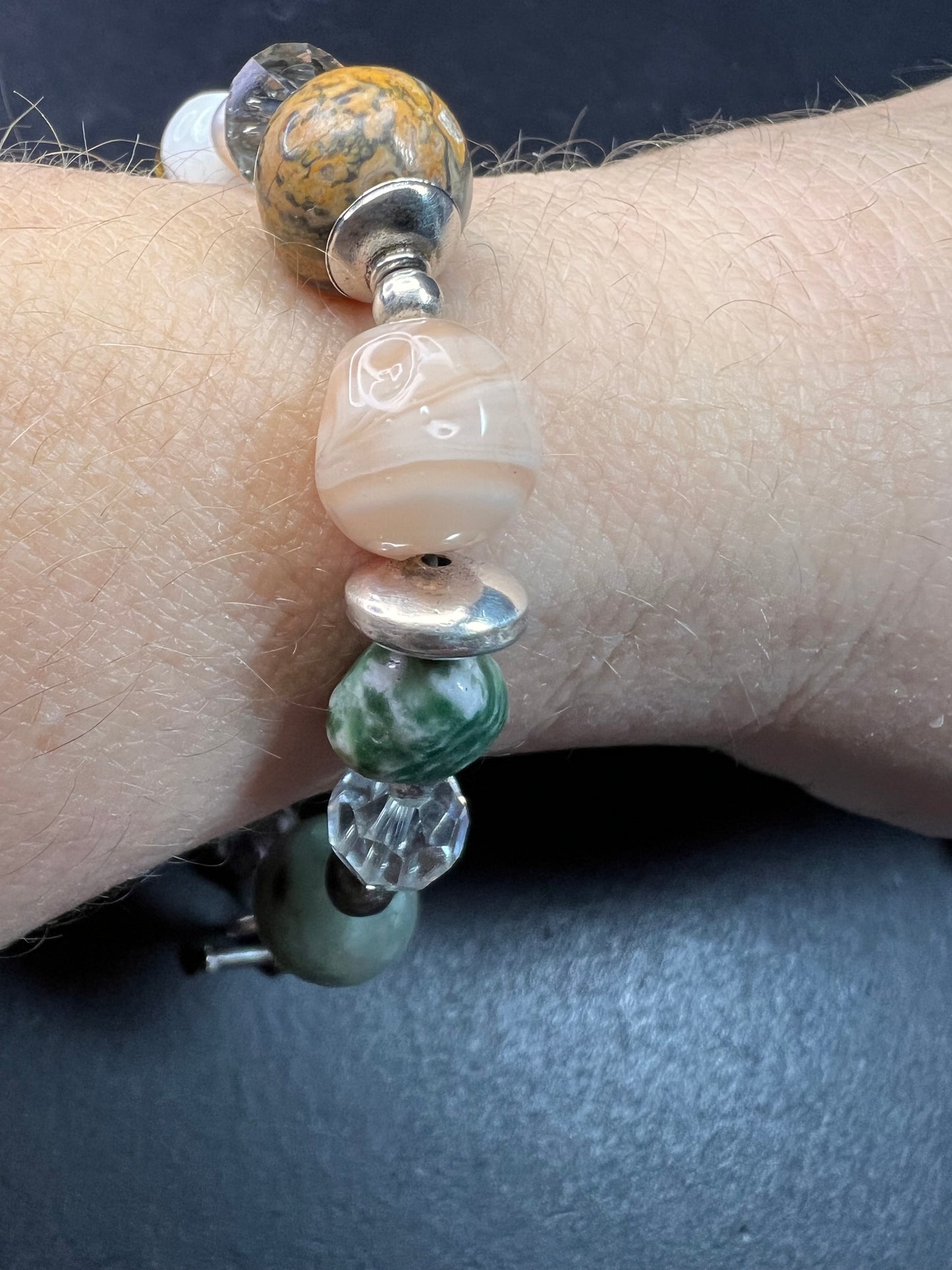 Vintage sterling silver, semi precious stones and glass toggle 8 inch bracelet