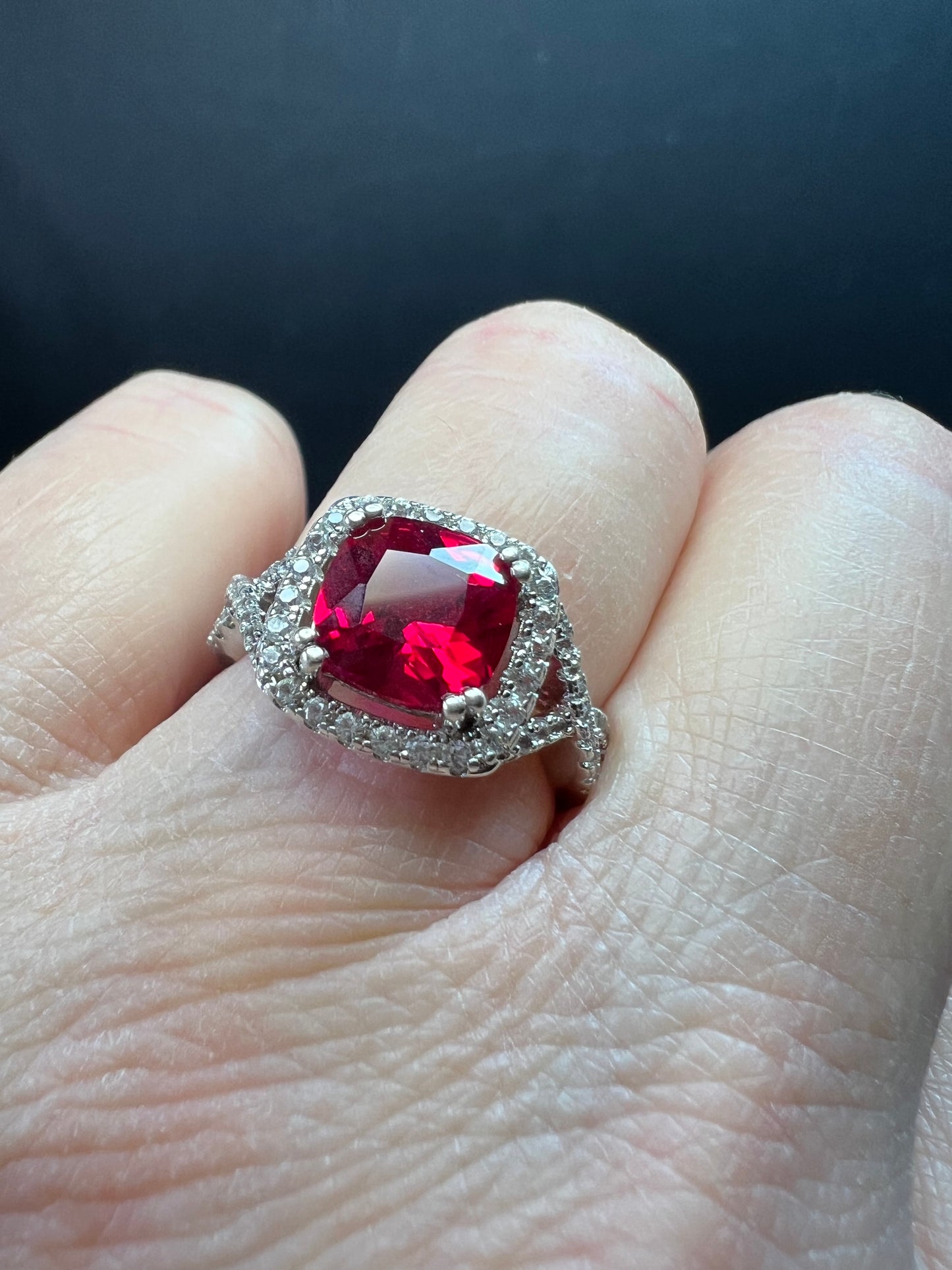 Sterling Silver Lab Ruby Halo Ring Size 7 DHJ 925