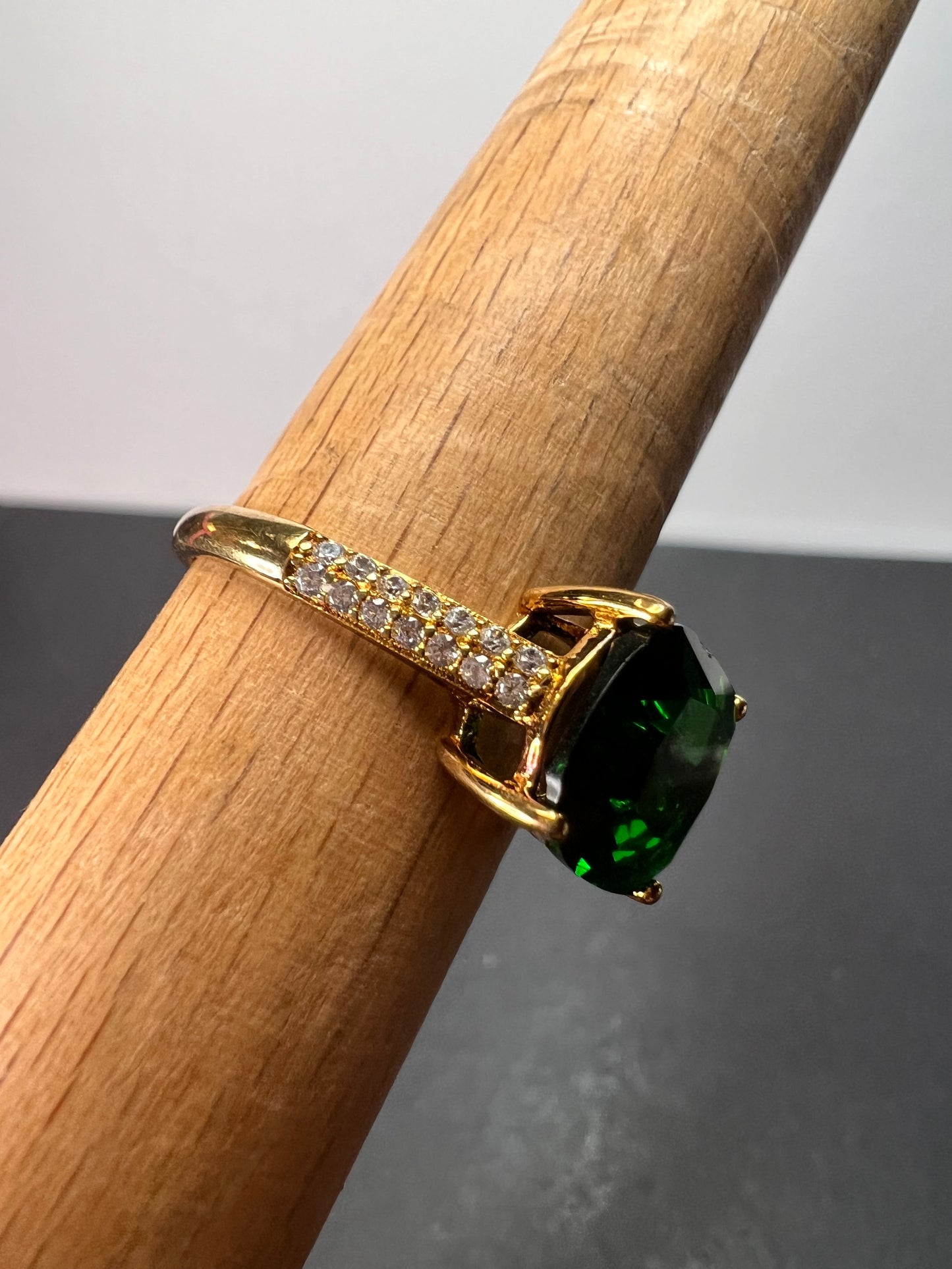 Green cushion cut CZ ring in gold over sterling silver size 9