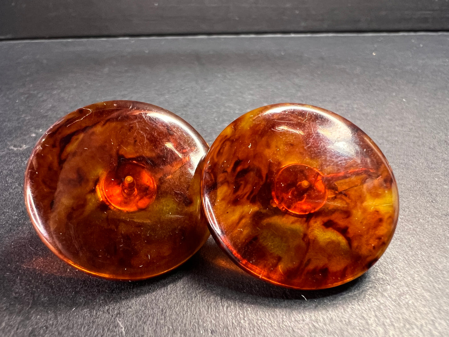 Vintage root beer Bakelite clip on button earrings