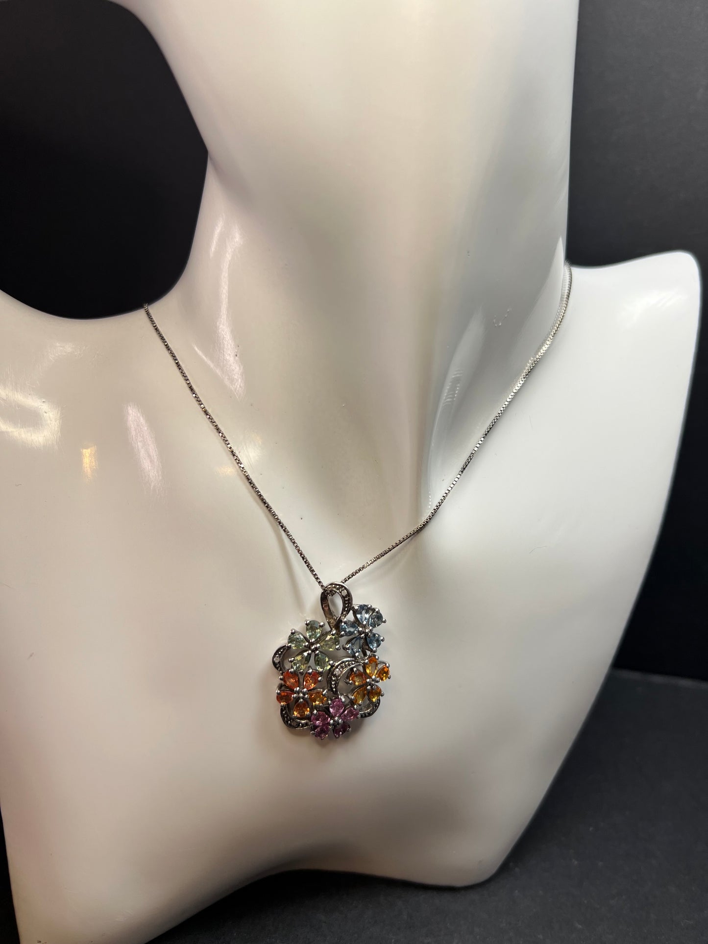 Vintage Sterling Silver Multi Sapphire & Diamond Flower Pendant