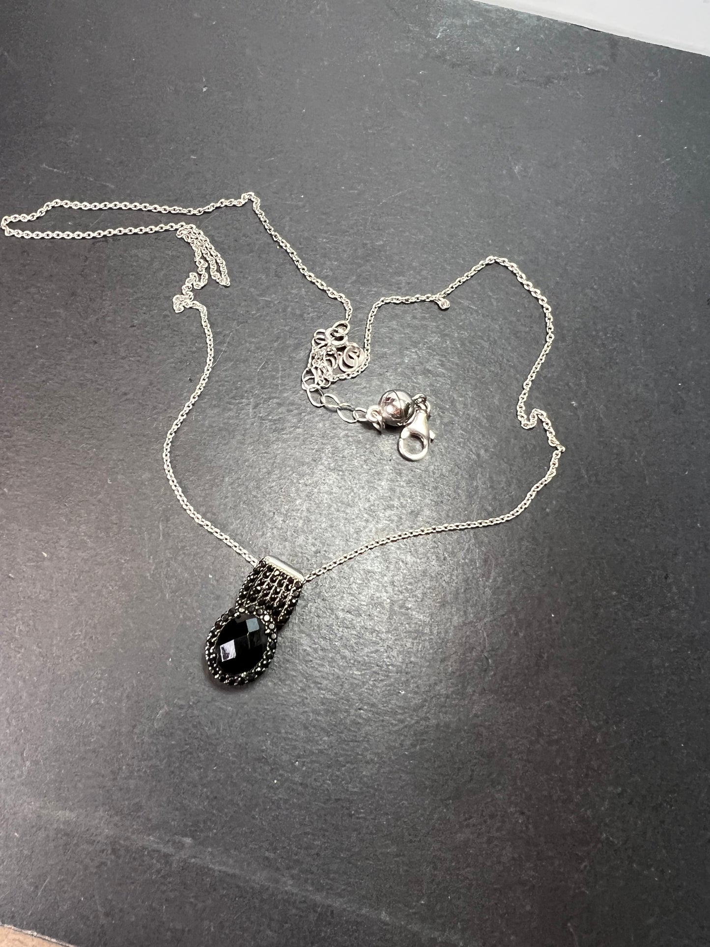 Black spinel pendant and chain necklace in rhodium over sterling silver