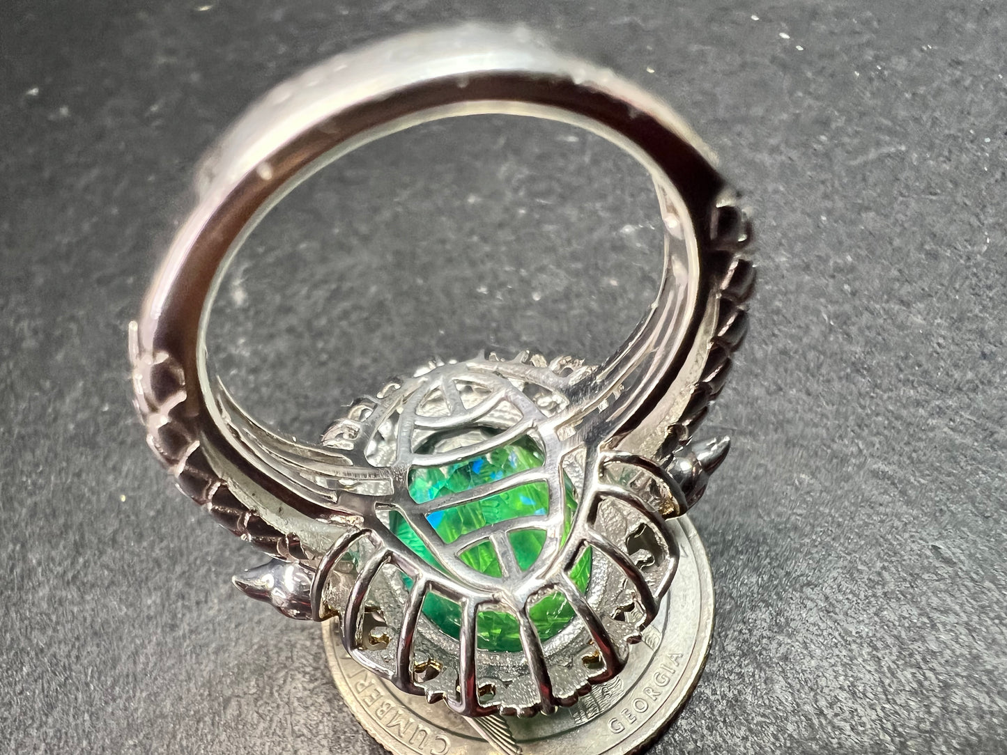 Sterling Silver Peacock Quartz Statement Ring Size 9