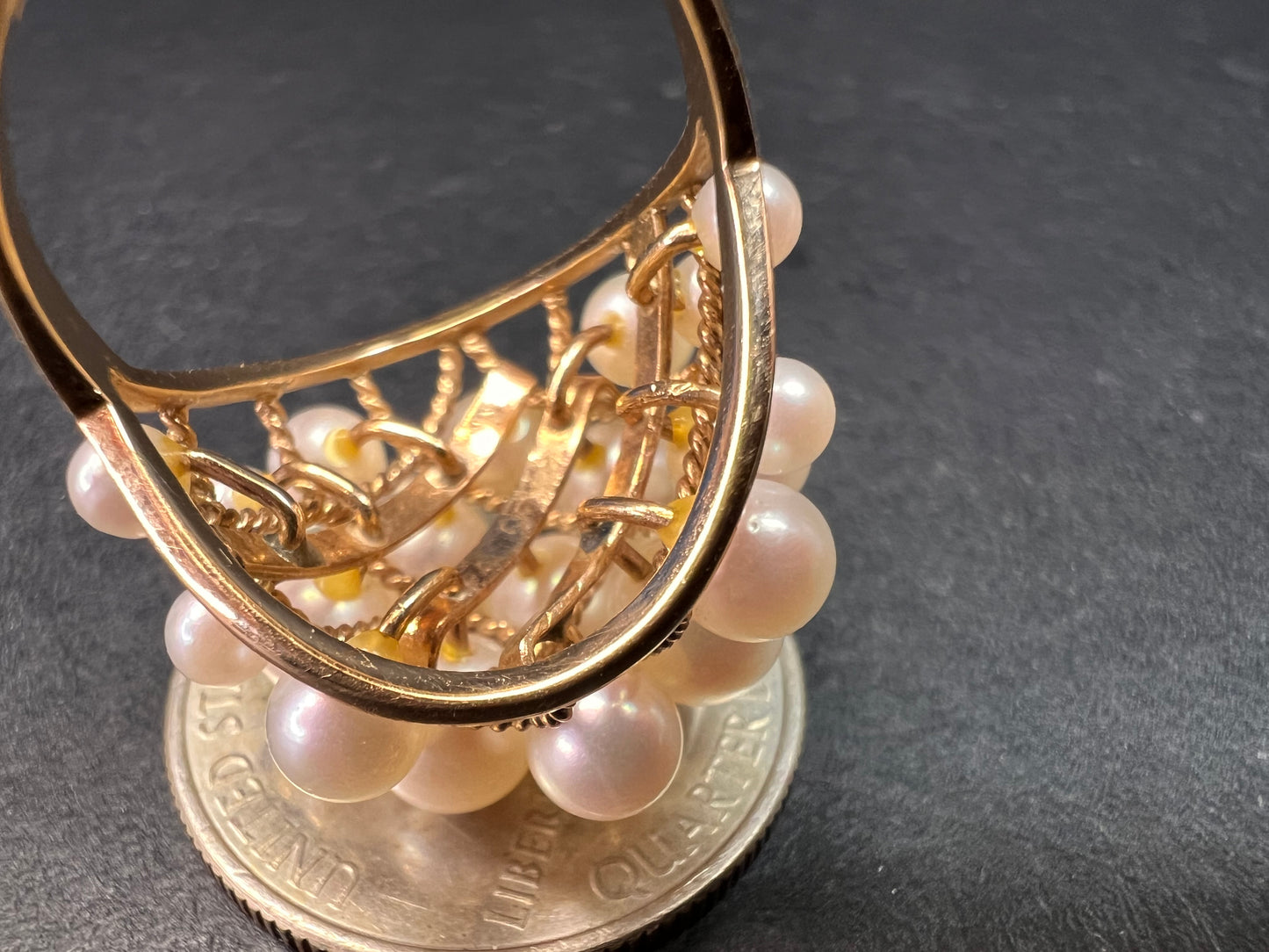 Vintage 14K Gold Cluster Pearl Cocktail Ring – Mid Century Dome Design- size 6