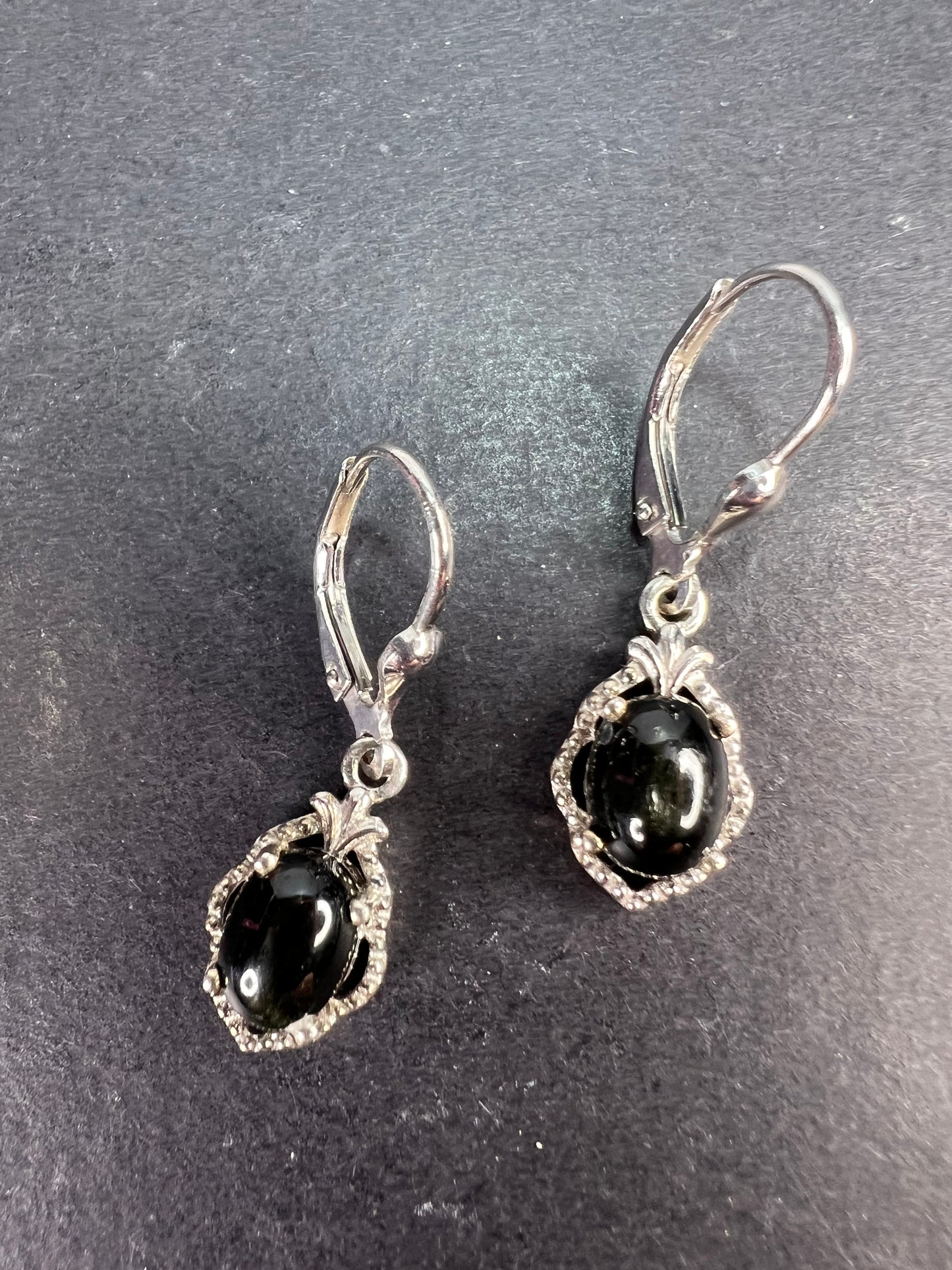 Black star sapphire sterling silver leverback earrings