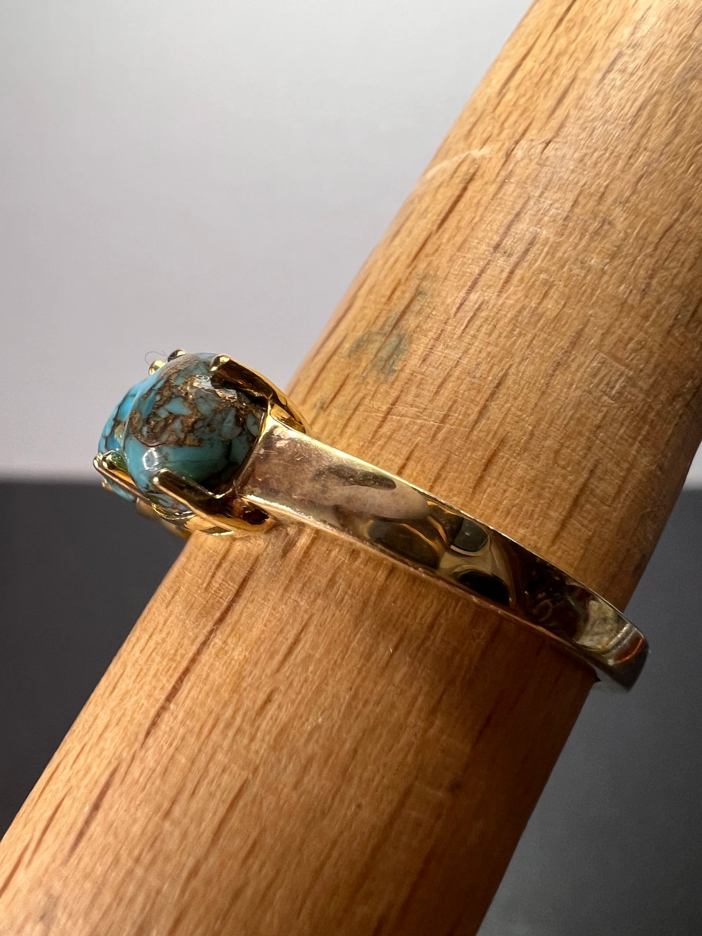 Blue composite turquoise trilogy ring in gold over sterling silver size 9