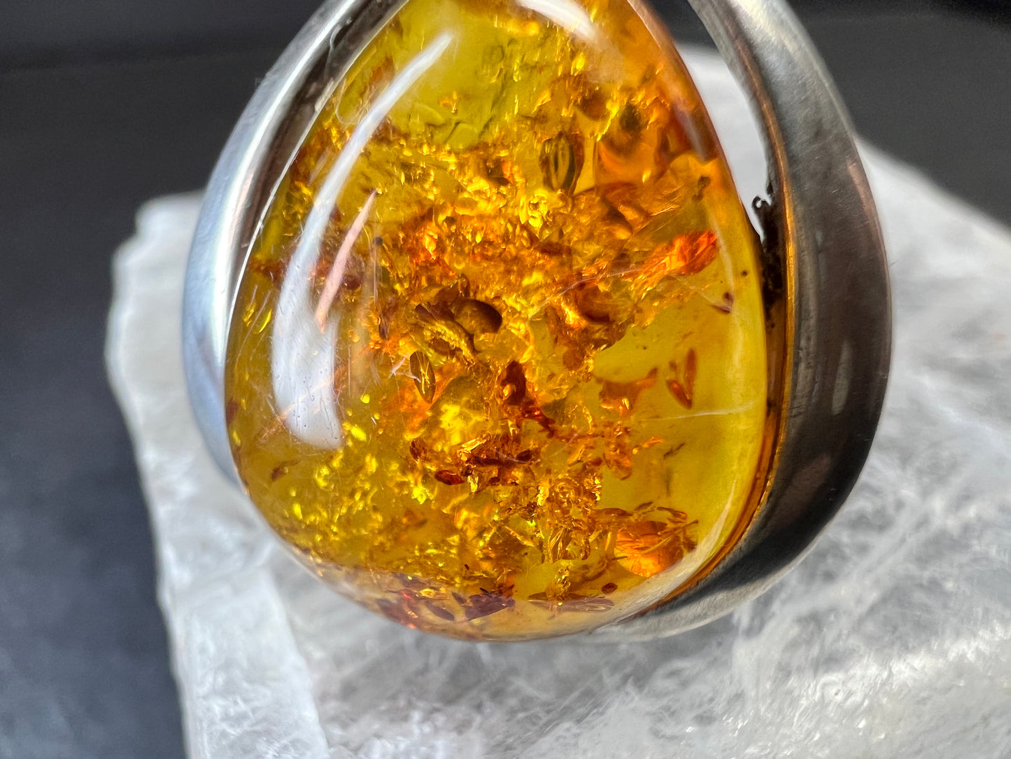 Sterling Silver Baltic Amber Ring Size 8 Teardrop Cabochon