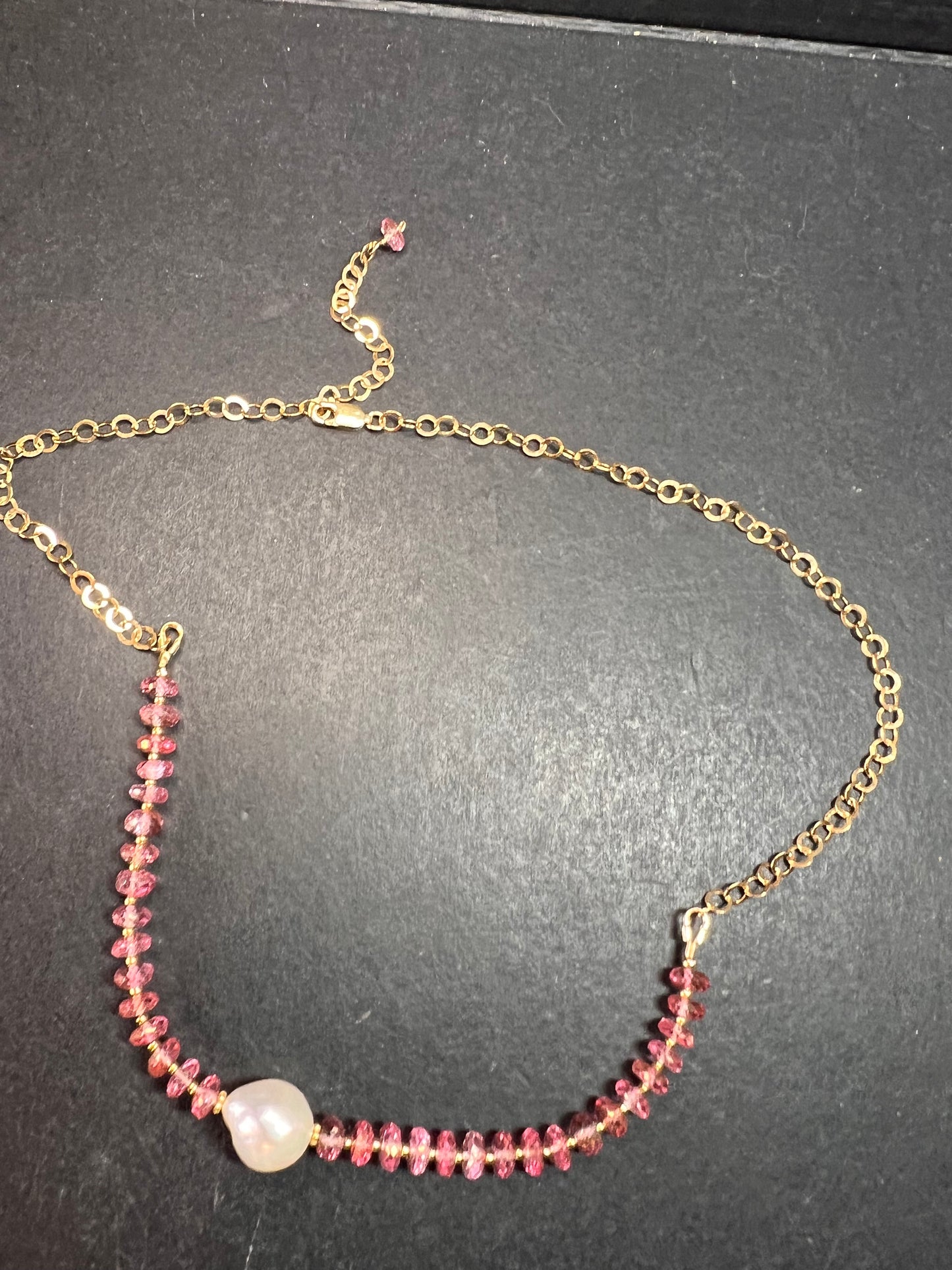 Gold Filled Necklace with Baroque Pearl and Pink Faceted Gemstone Beads