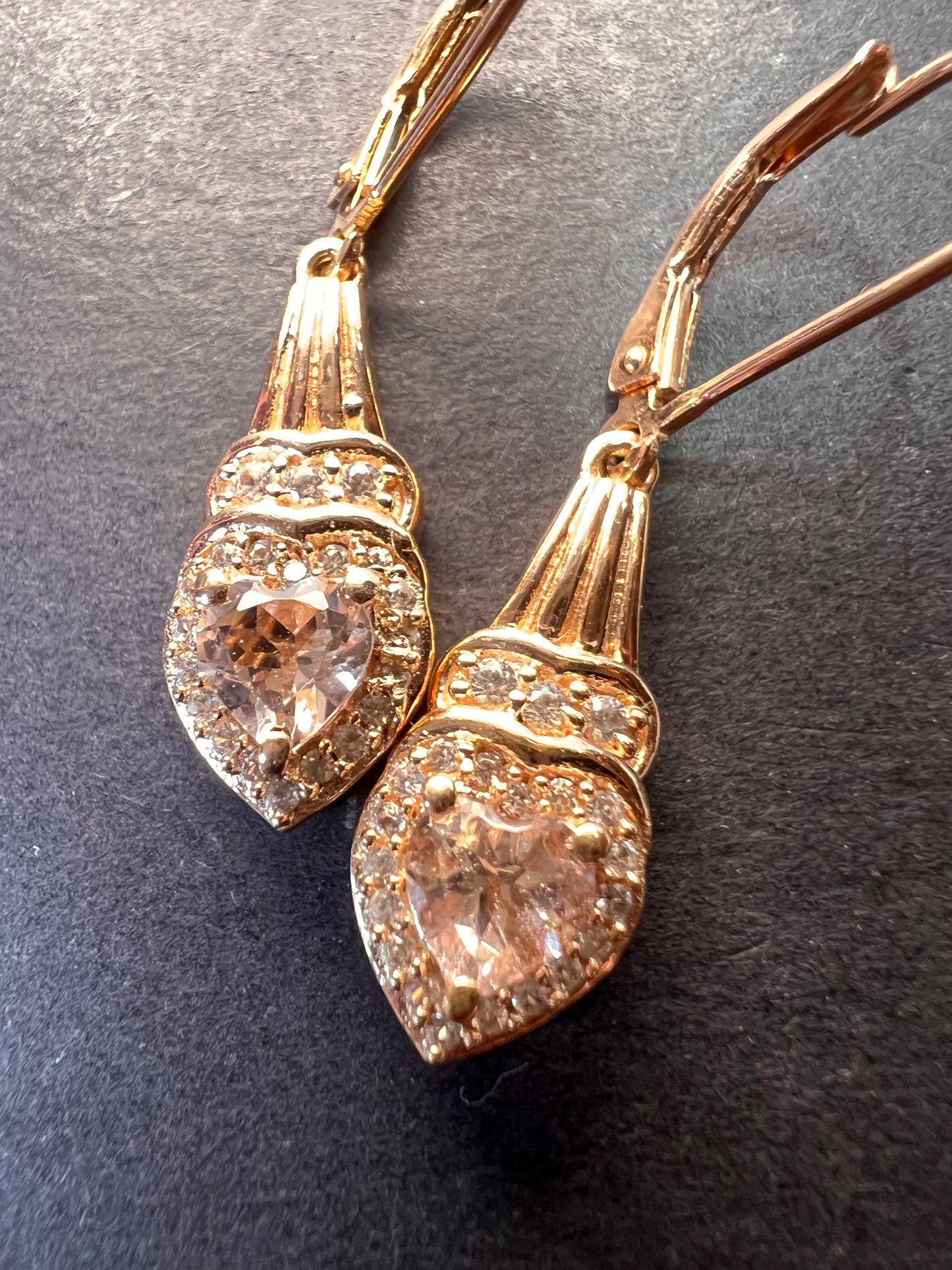 Marropino morganite and Cambodian zircon rose gold over sterling lever back heart drop earrings