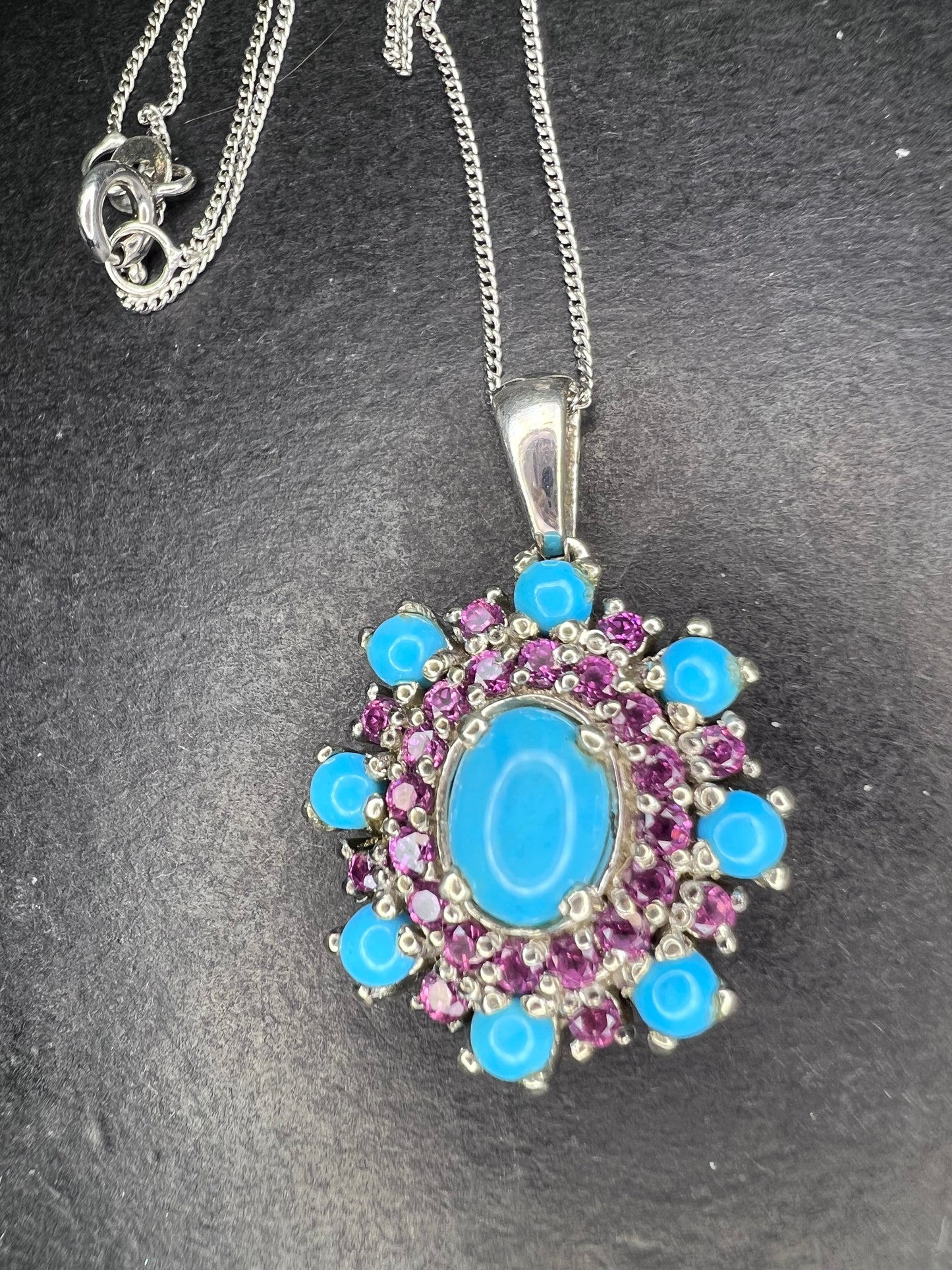 Turquoise grape rhodolite garnet sterling silver pendant and chain