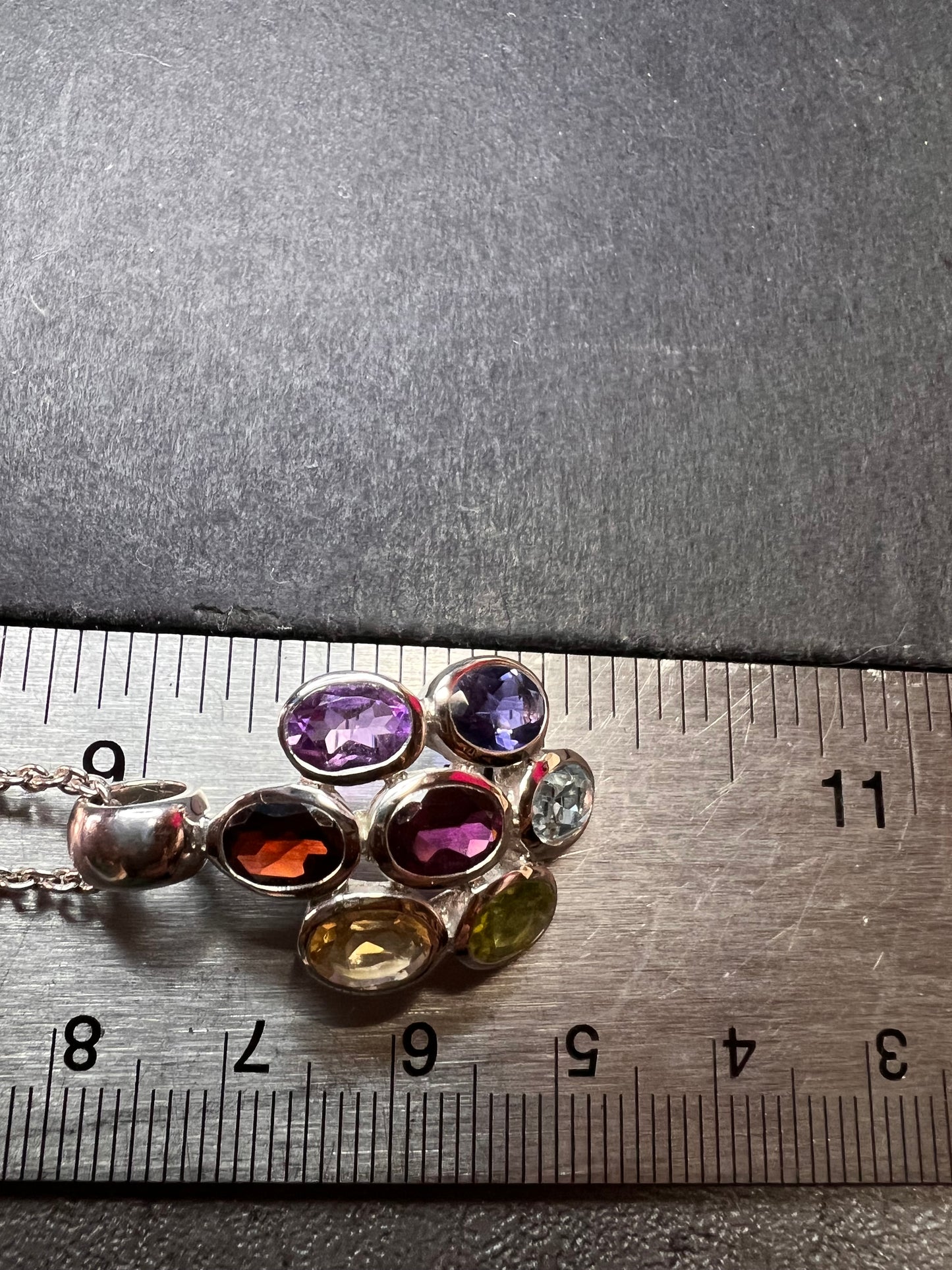 Vintage multi gemstone cluster pendant necklace in sterling silver