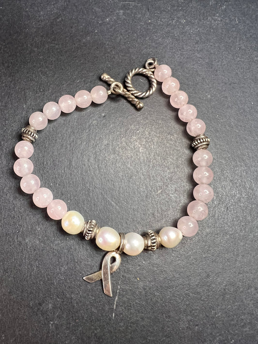 Vintage rose quartz, freshwater pearls, and sterling silver breast cancer awareness bracelet