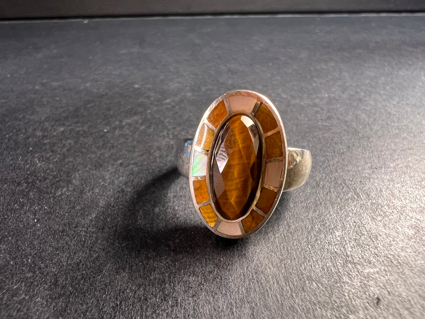 Whitney Kelly tigers eye and mother of pearl sterling silver ring size 7