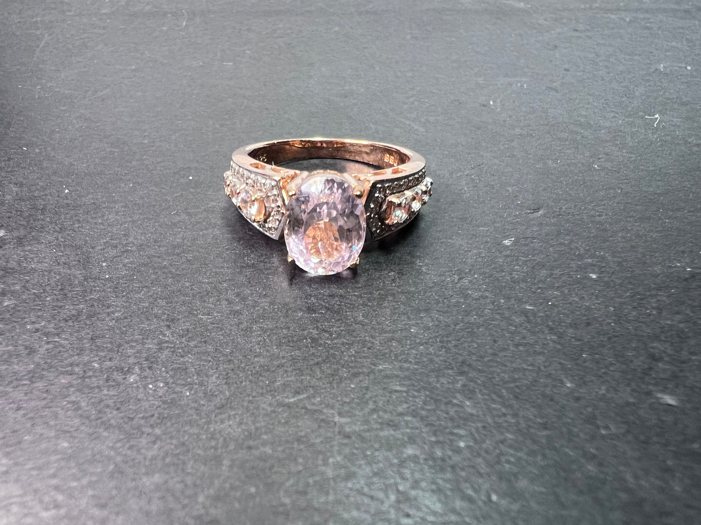 Kunzite and white topaz 18k rose gold over sterling silver ring size 9