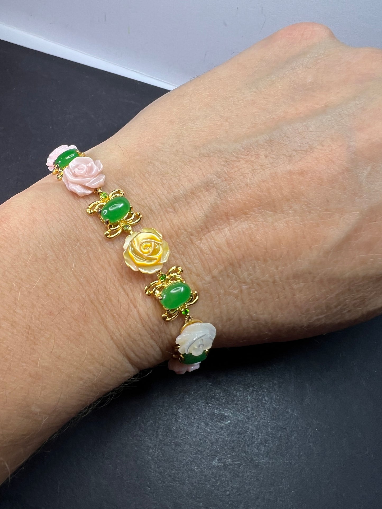 Mother of pearl roses , jade and chrome diopside bracelet in gold over sterling silver 7.5 inches